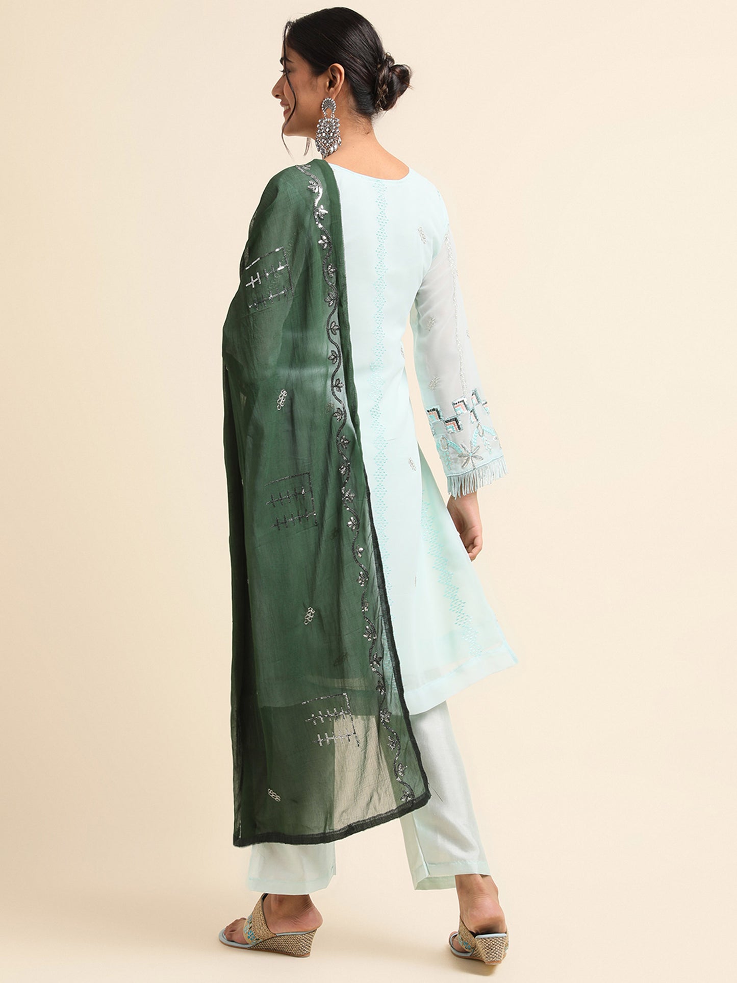 Turquoise Zari embroidered Faux Georgette Surya pakistani suit