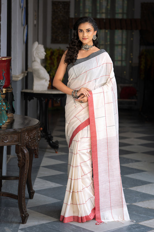 Handloom Off White Soft Cotton Brick Check Saree