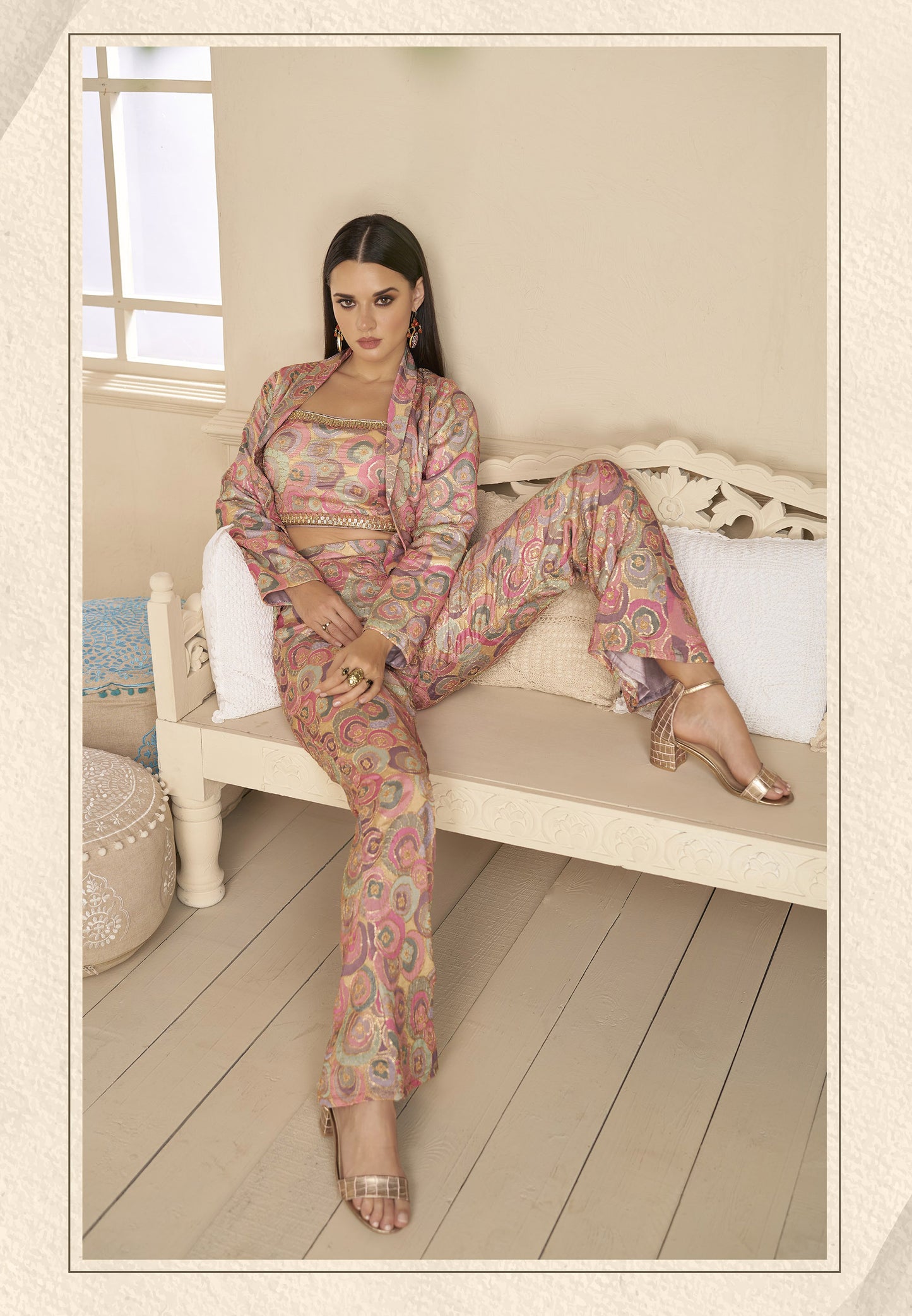 Beige Digital Printed Chinnon Silk Coord Set