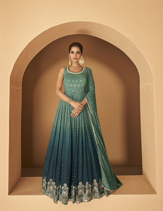 Teal Blue Georgette Sequins Embroidery Anarkali