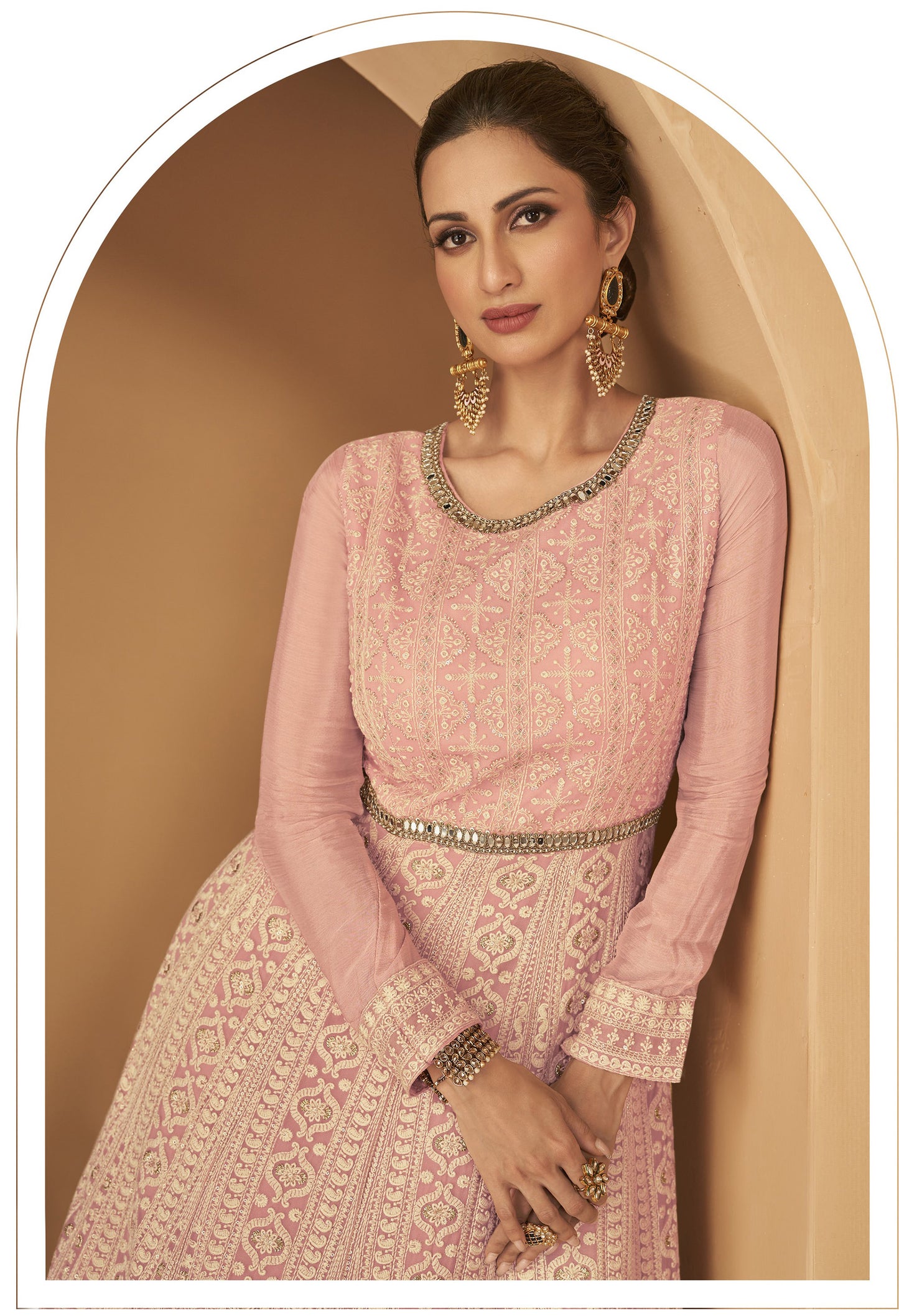 Peach Georgette Sequins Embroidery Anarkali