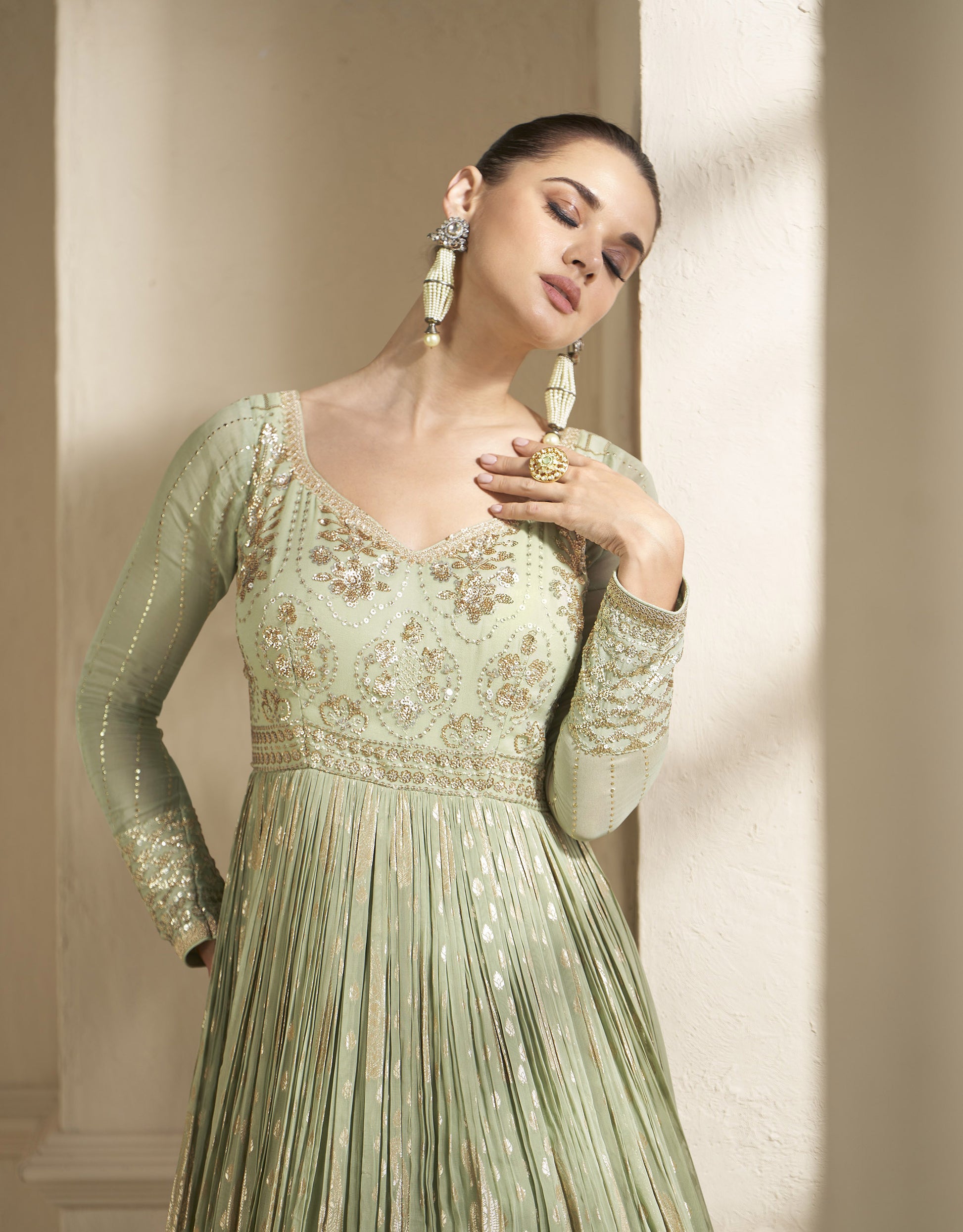 Sea Green Color Faux Georgette Sequins Embroidery Anarkali