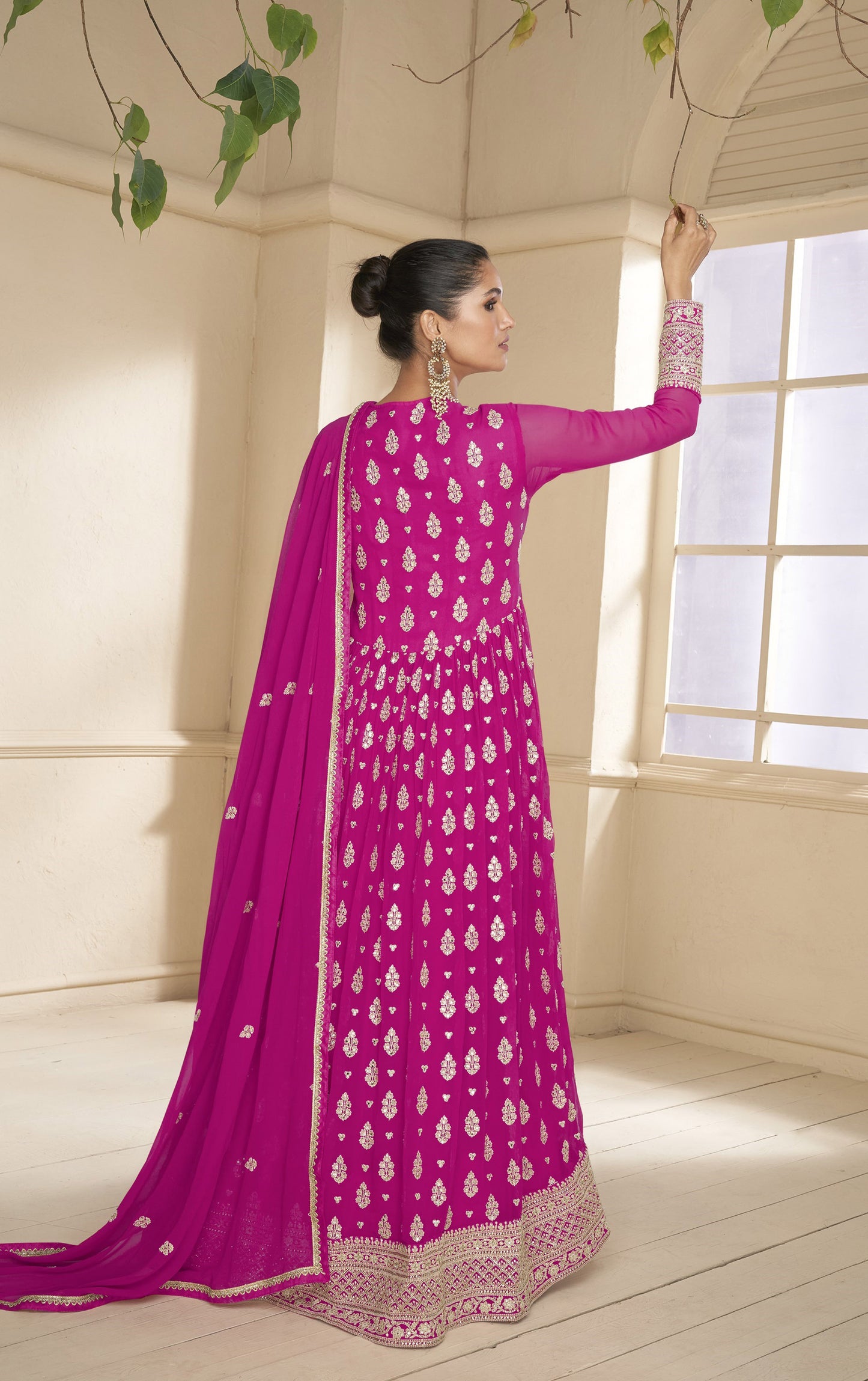 Dark Pink Color Faux Georgette Sequins Embroidery Anarkali