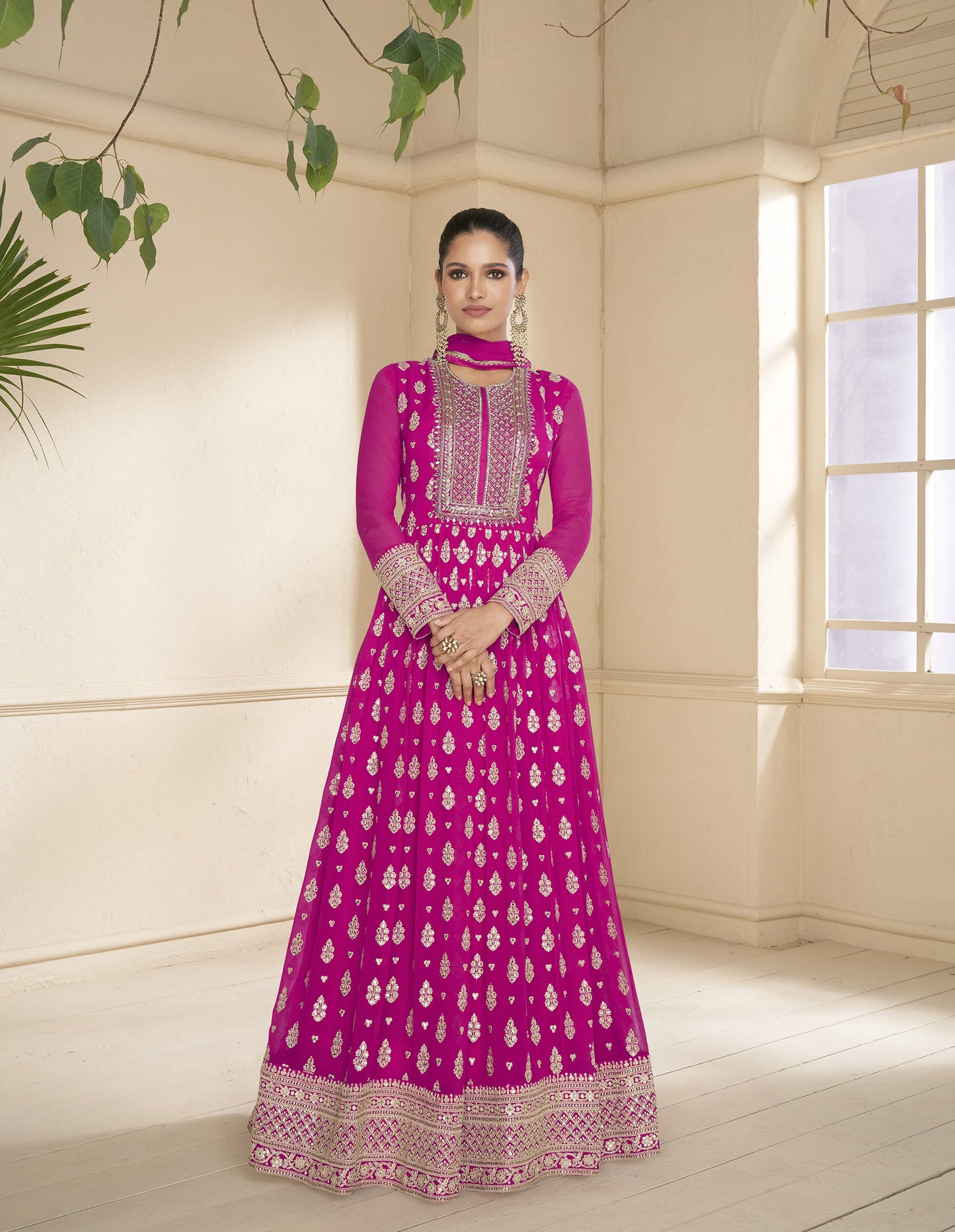 Dark Pink Color Faux Georgette Sequins Embroidery Anarkali