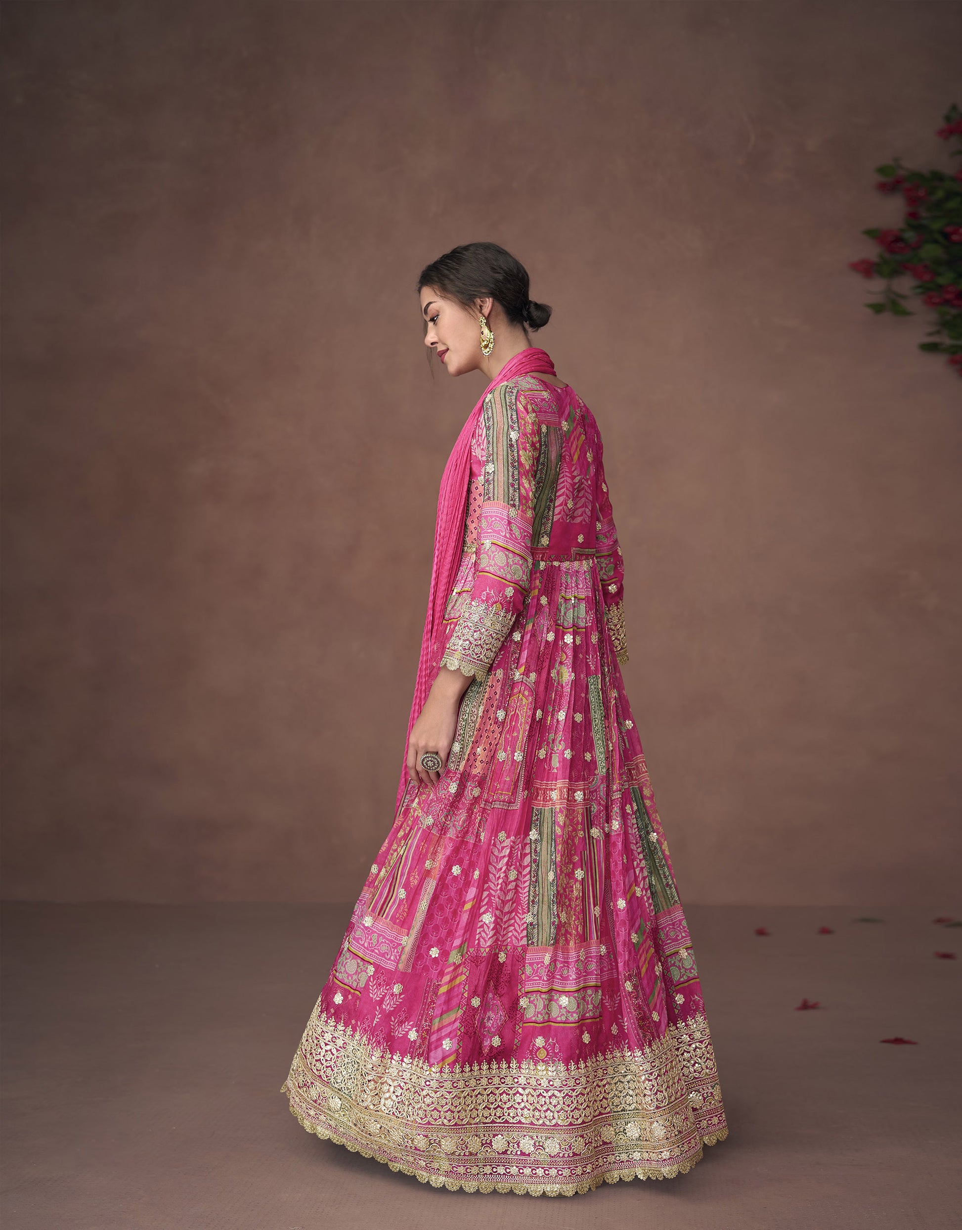 Pink Color Digital Printed Embroidery Silk Anarkali