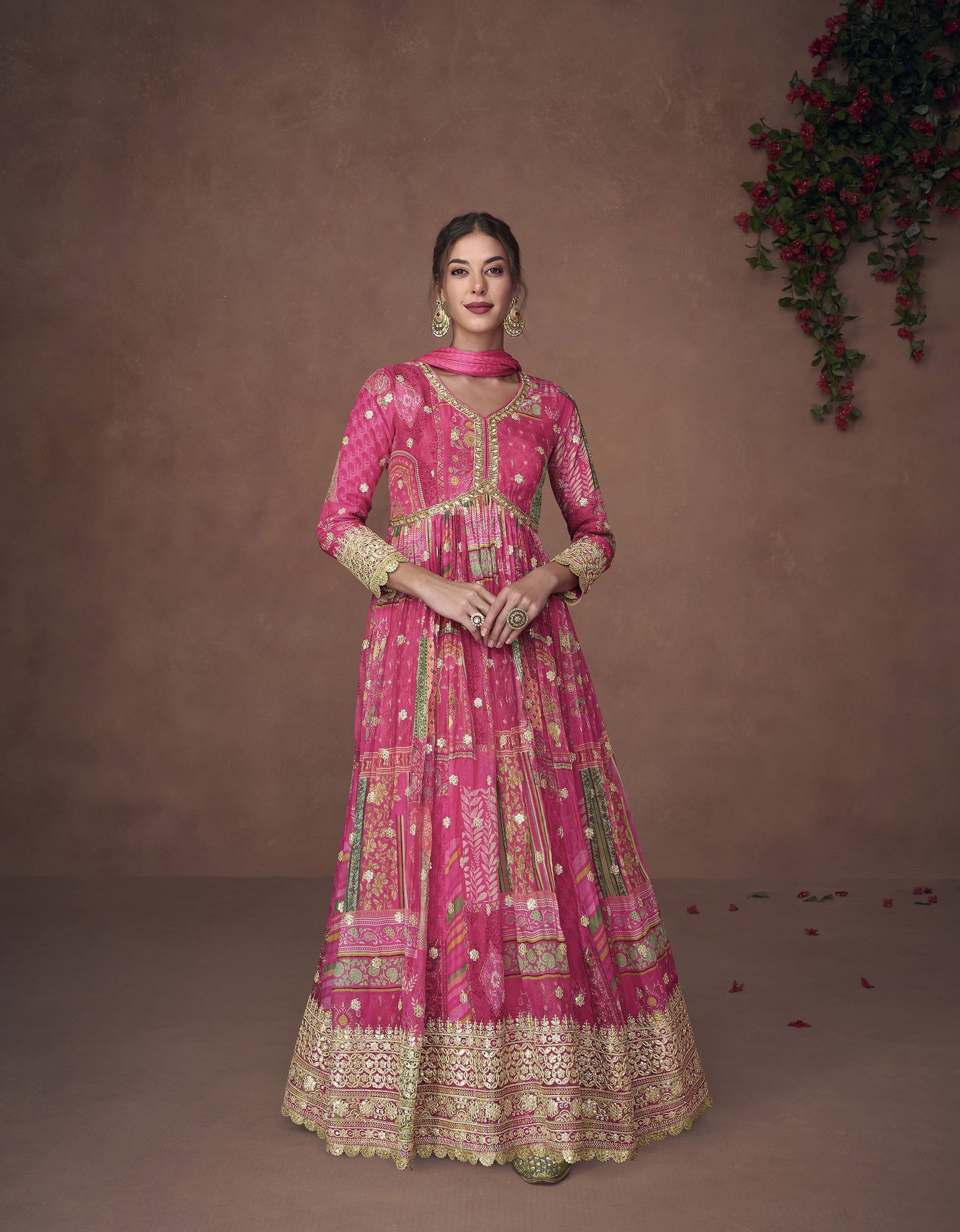 Pink Color Digital Printed Embroidery Silk Anarkali