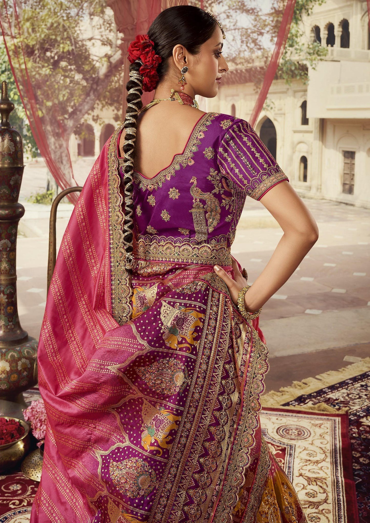 Purple and Yellow Sequins Work Banarasi Silk Bridal Lehenga