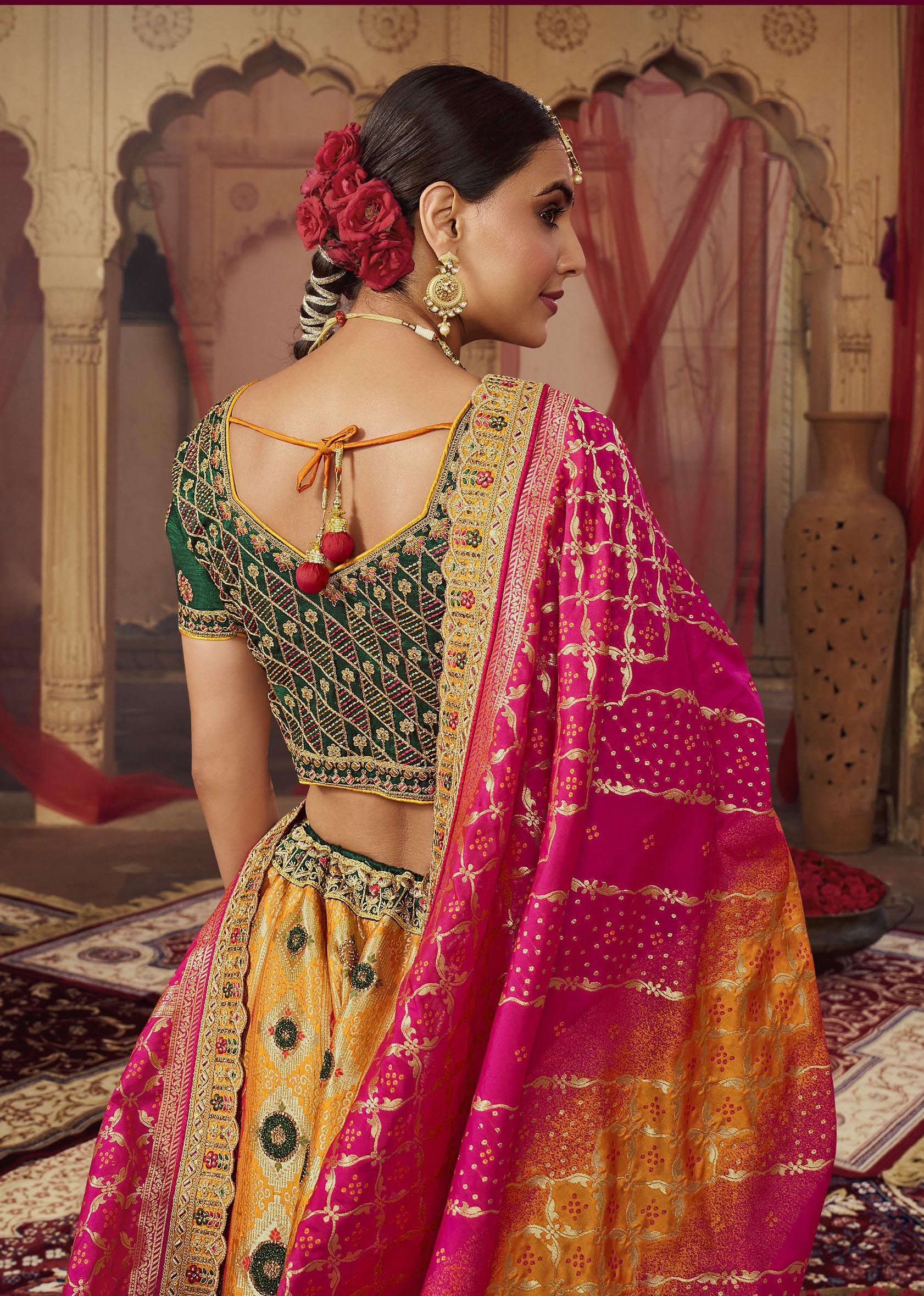 Yellow and Dark Pink Color Banarasi Silk Bridal Lehenga