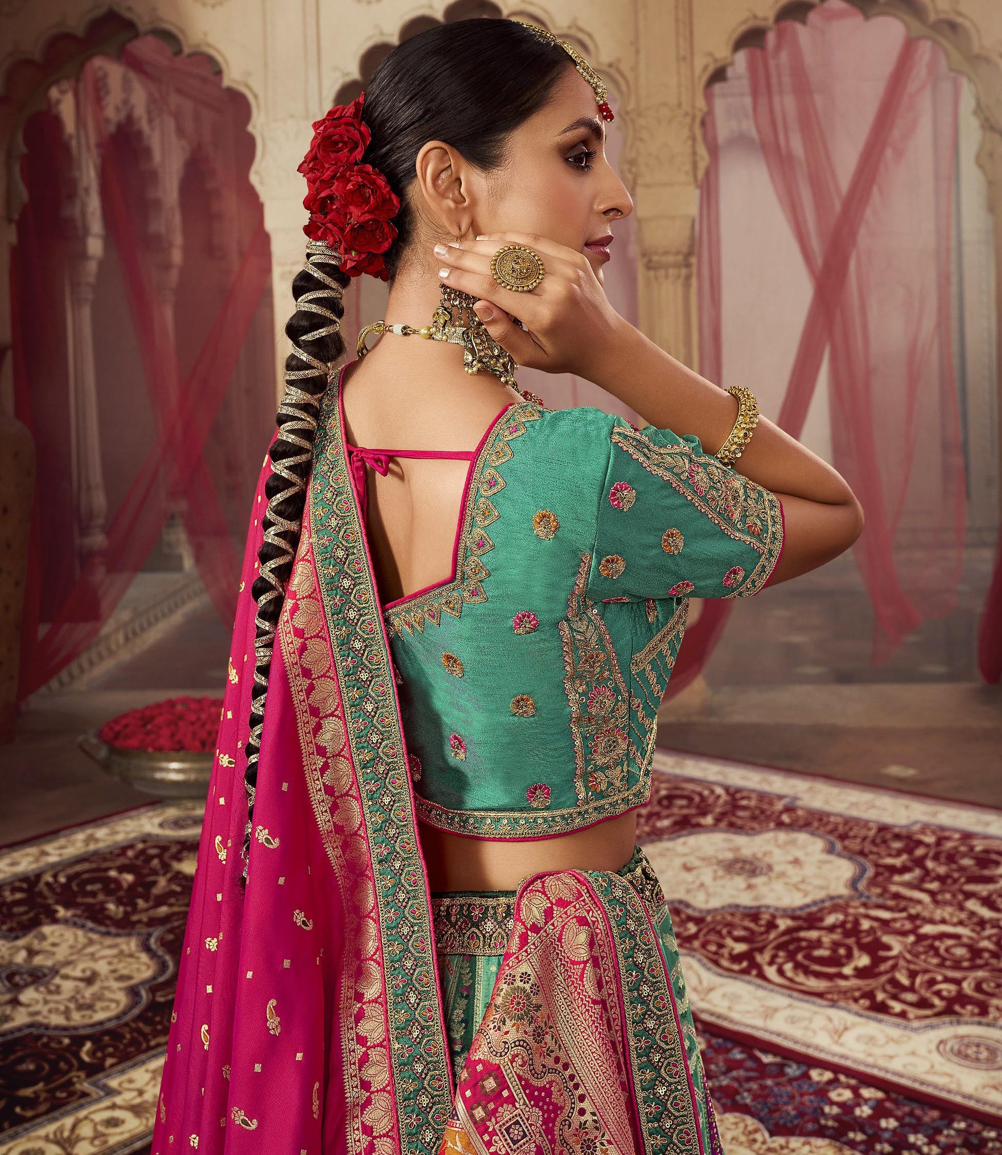 Sea Green Sequins Work Banarasi Silk Bridal Lehenga