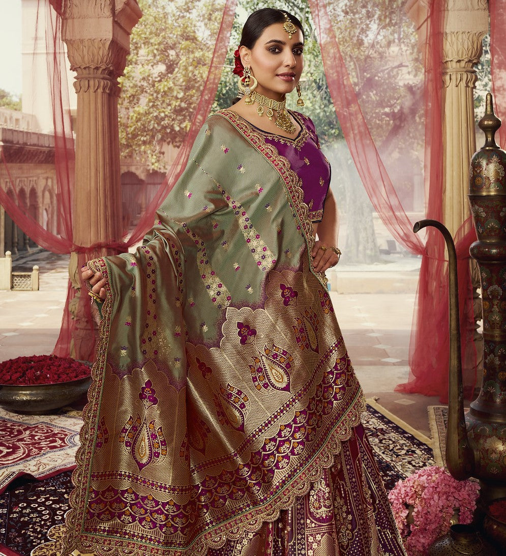 Dark Purple Sequins Work Banarasi Silk Bridal Lehenga