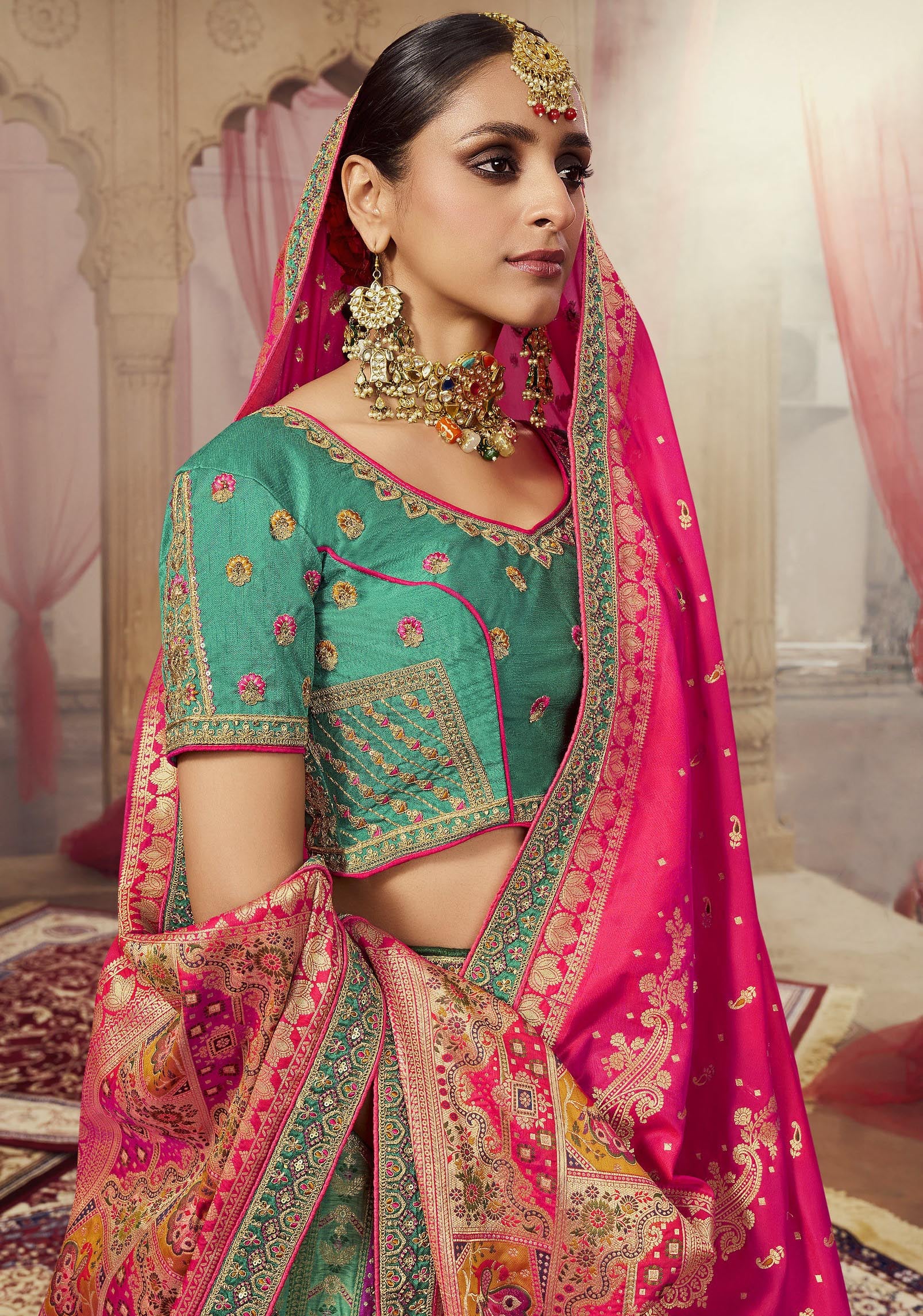 Sea Green Sequins Work Banarasi Silk Bridal Lehenga