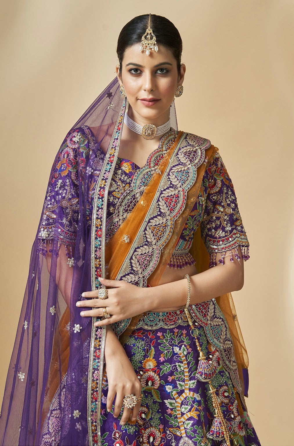 Violet Art Silk Beautiful Hand Work Bridal Lehenga