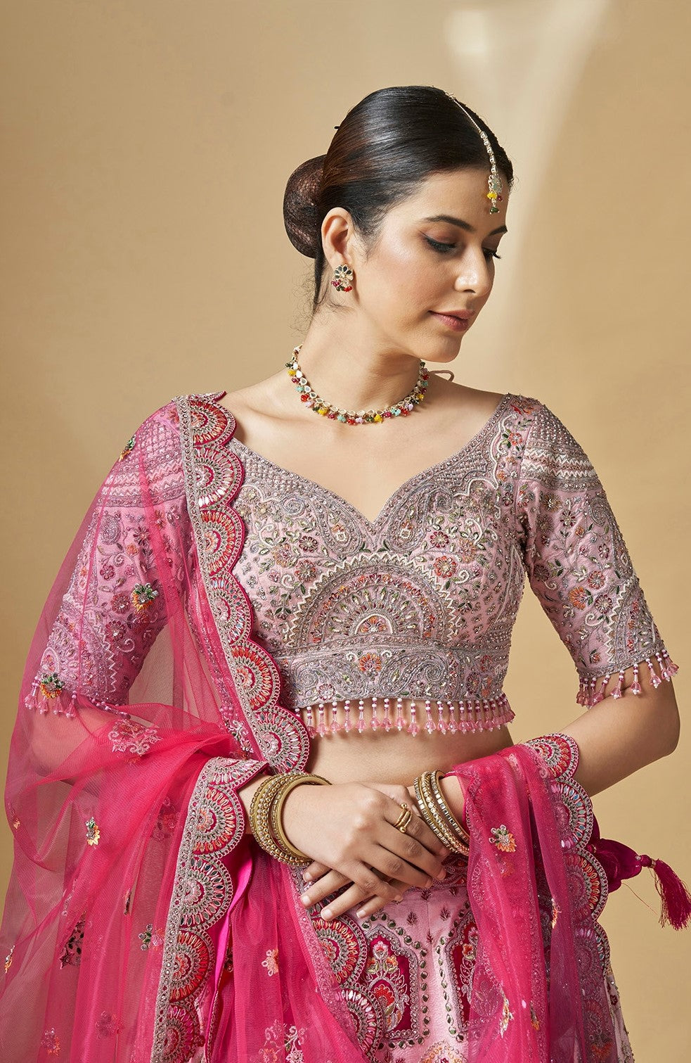 Pink Color Art Silk Hand Embroidery Bridal Lehenga