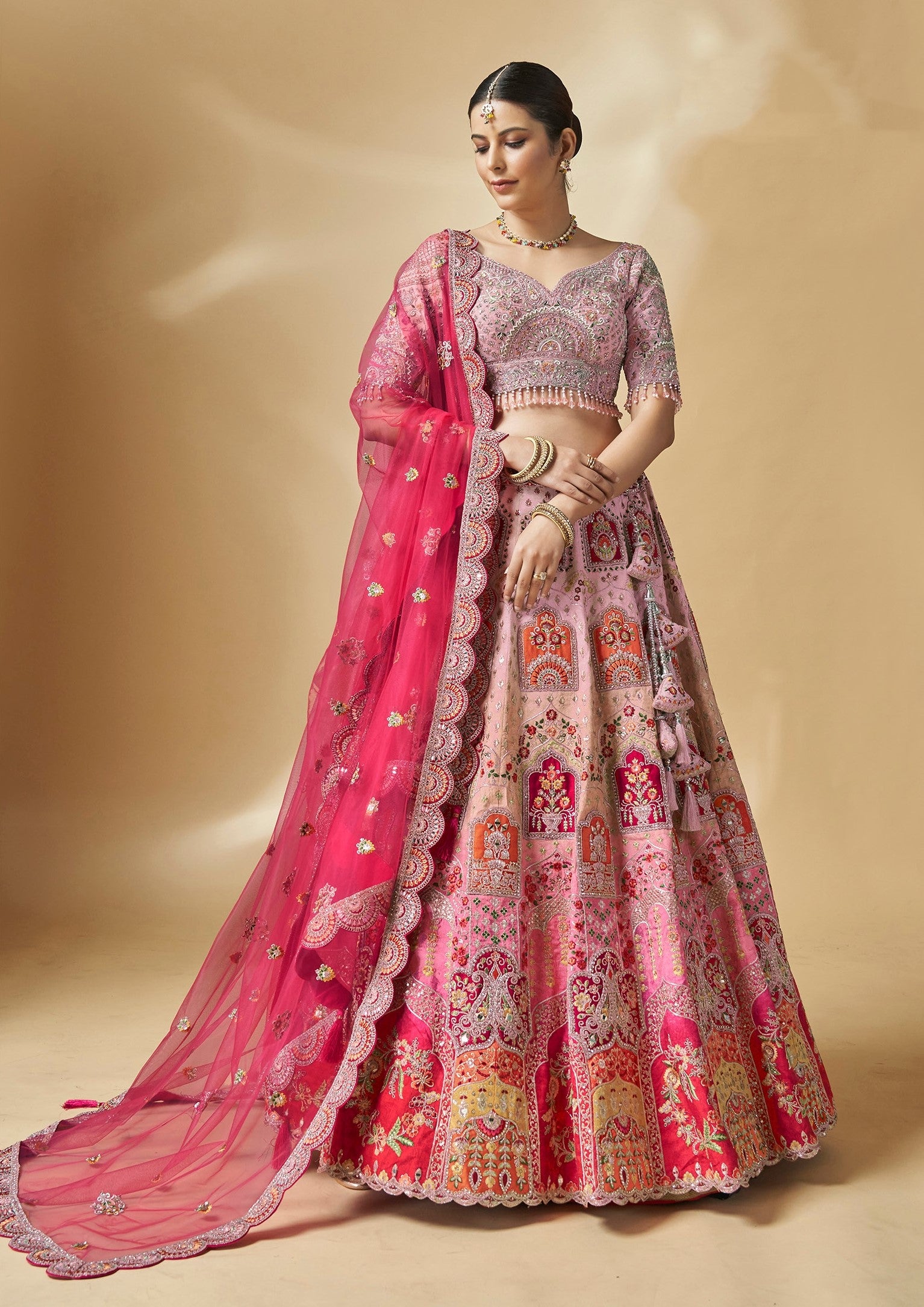 Pink Color Art Silk Hand Embroidery Bridal Lehenga