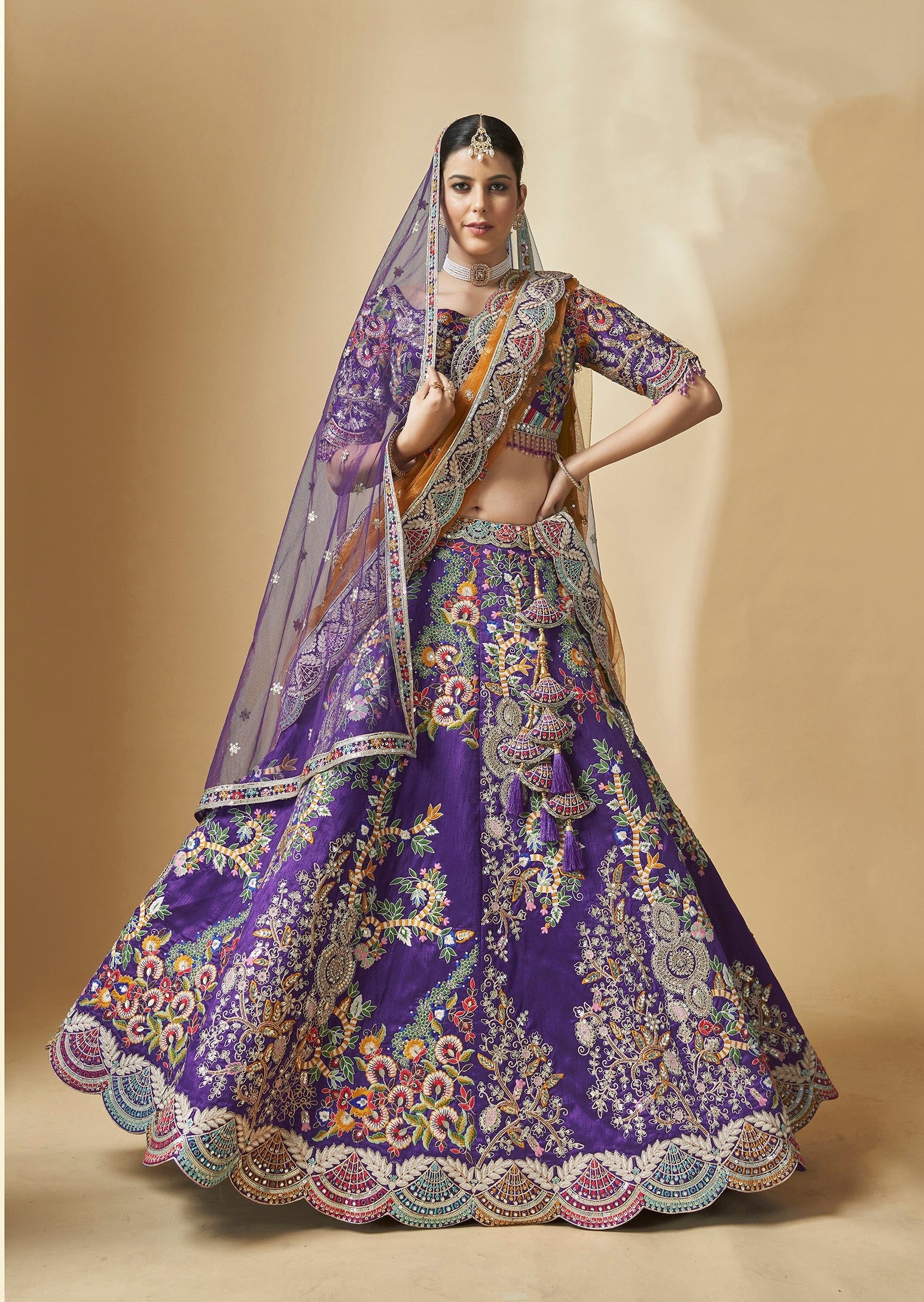 Violet Art Silk Beautiful Hand Work Bridal Lehenga