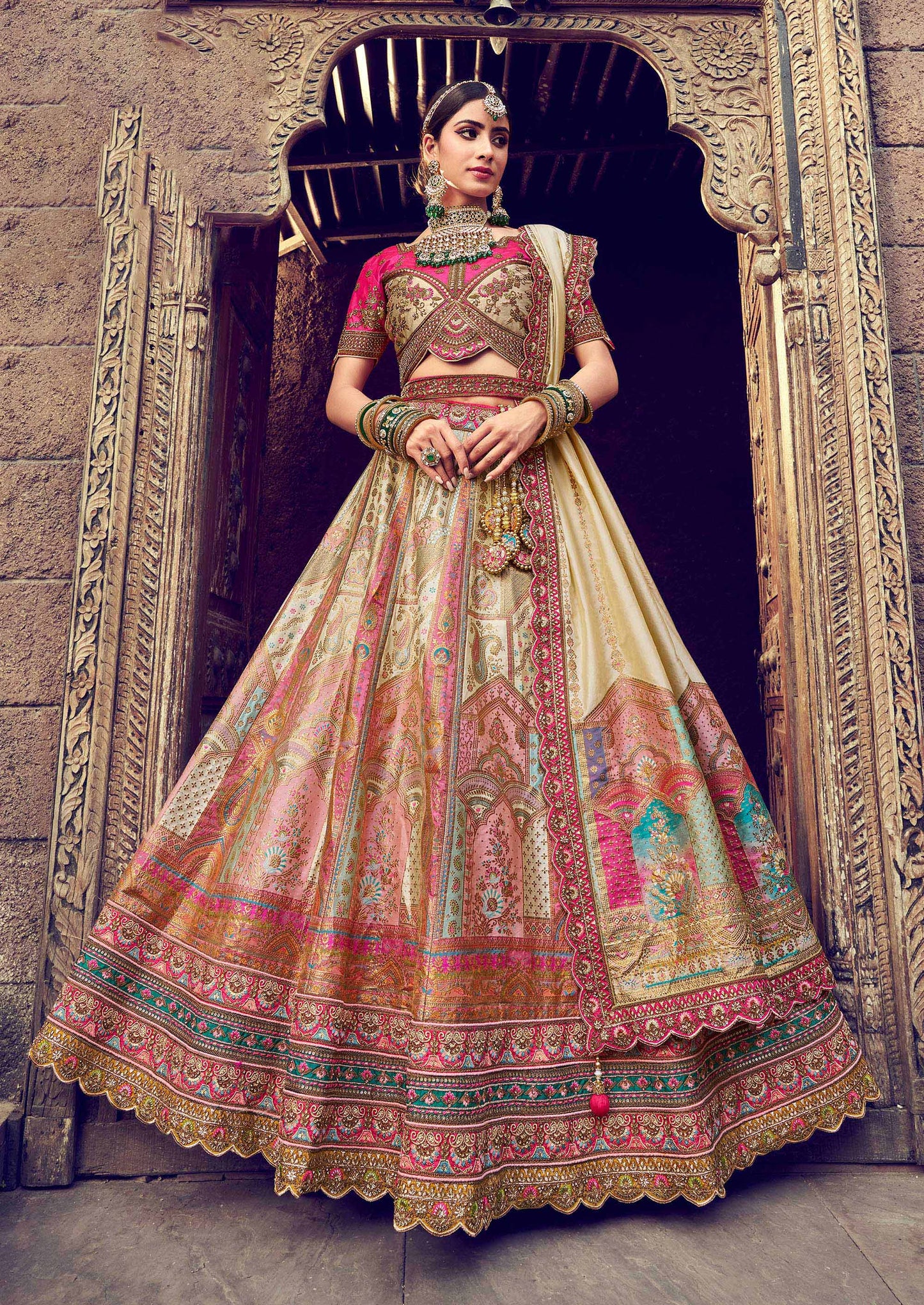 Beige Silk Resham Embroidered Bridal Lehenga Choli