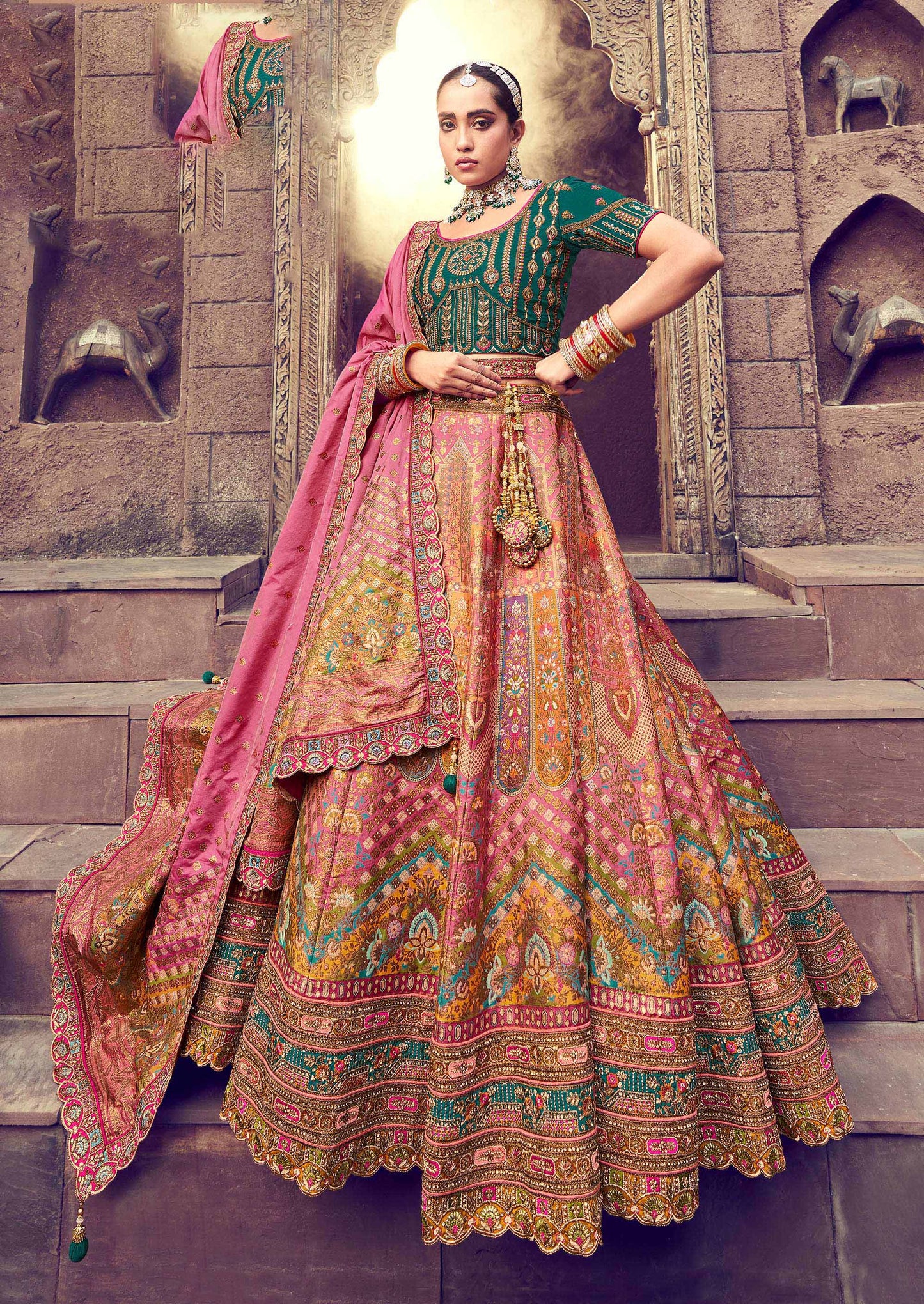 Pink and Green Silk Resham Embroidered Bridal Lehenga Choli