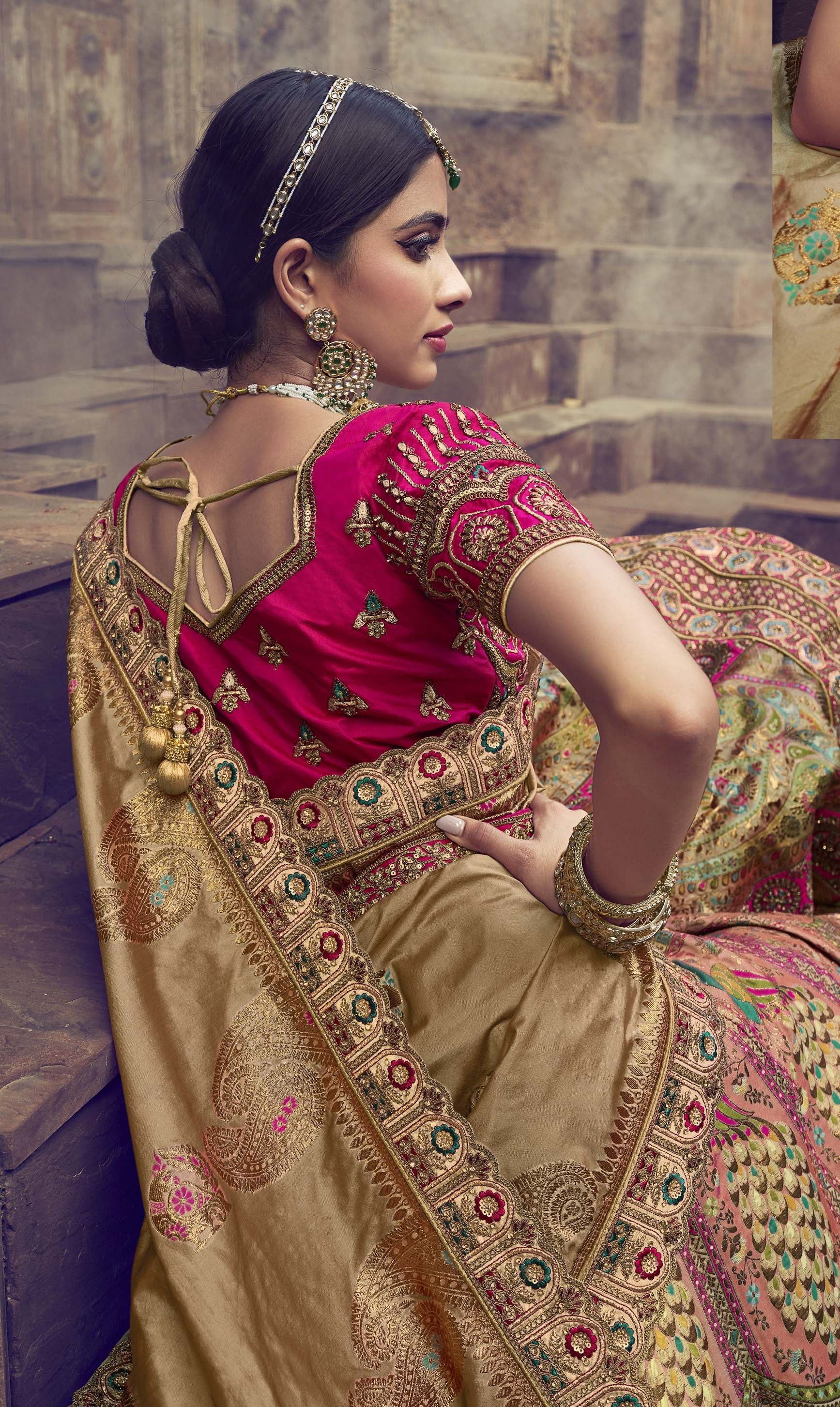 Beige and Pink Silk Resham Embroidered Bridal Lehenga Choli