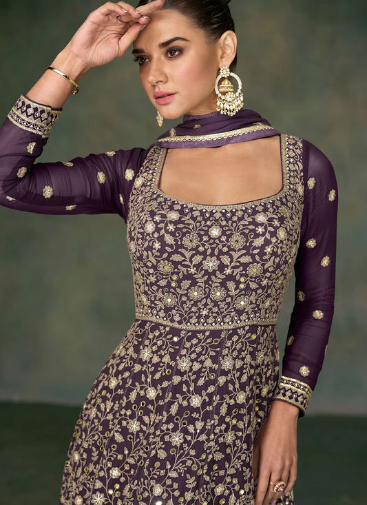 Purple Mirror work Georgette Surya Anarkali