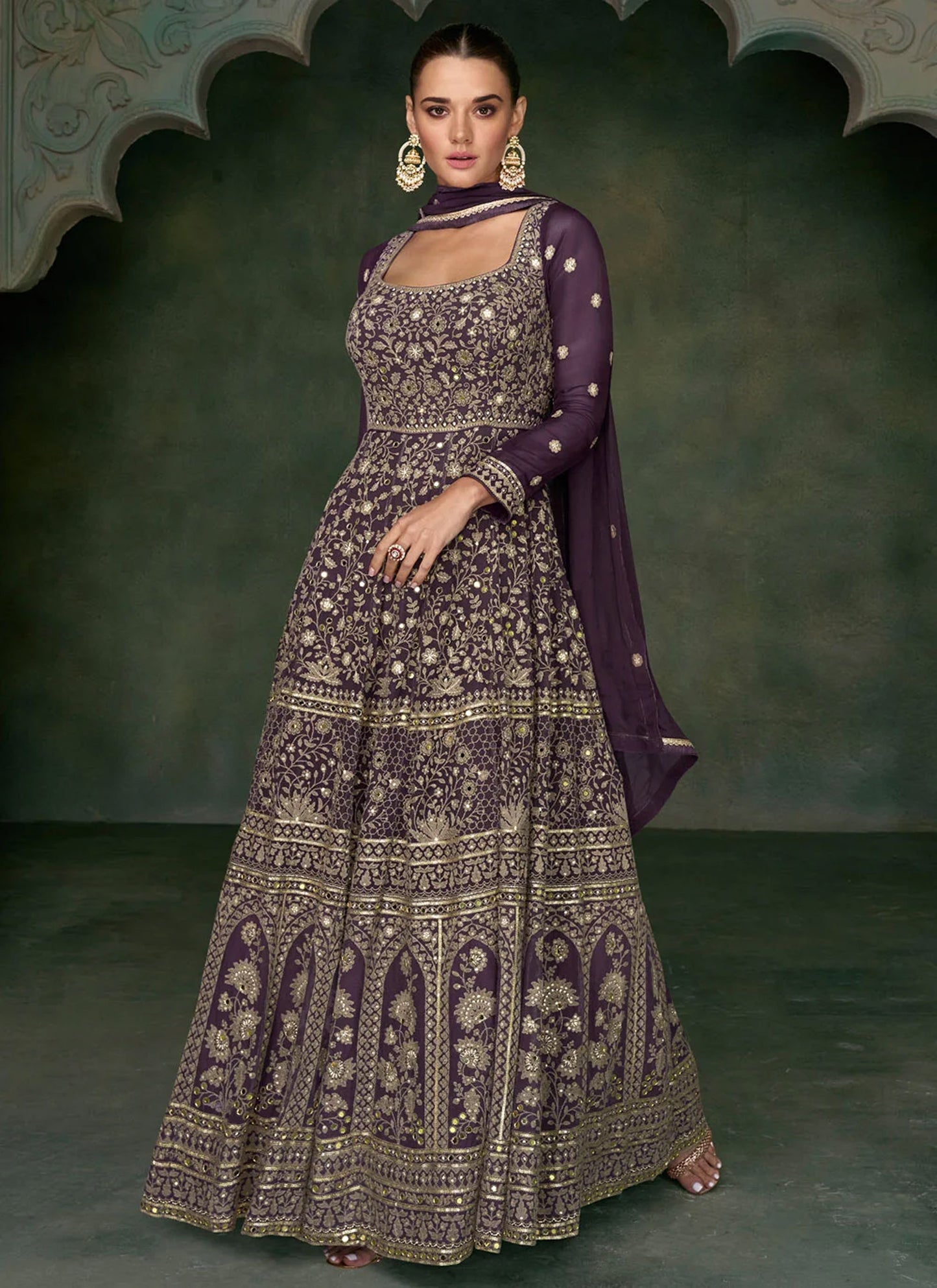 Purple Mirror work Georgette Surya Anarkali