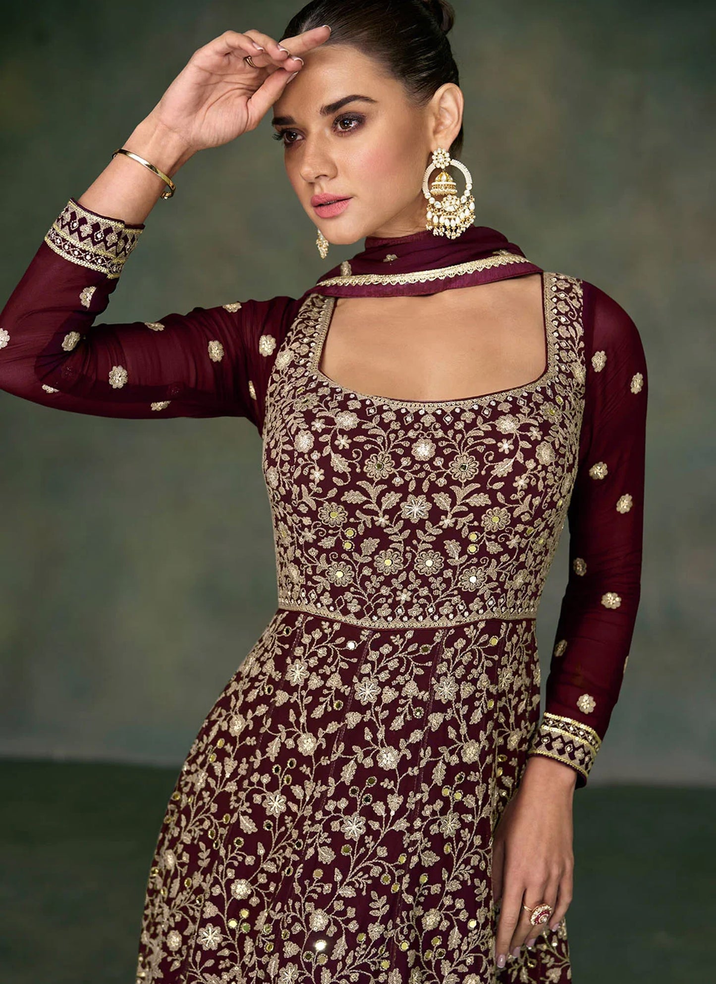 Maroon Mirror work Georgette Surya Anarkali