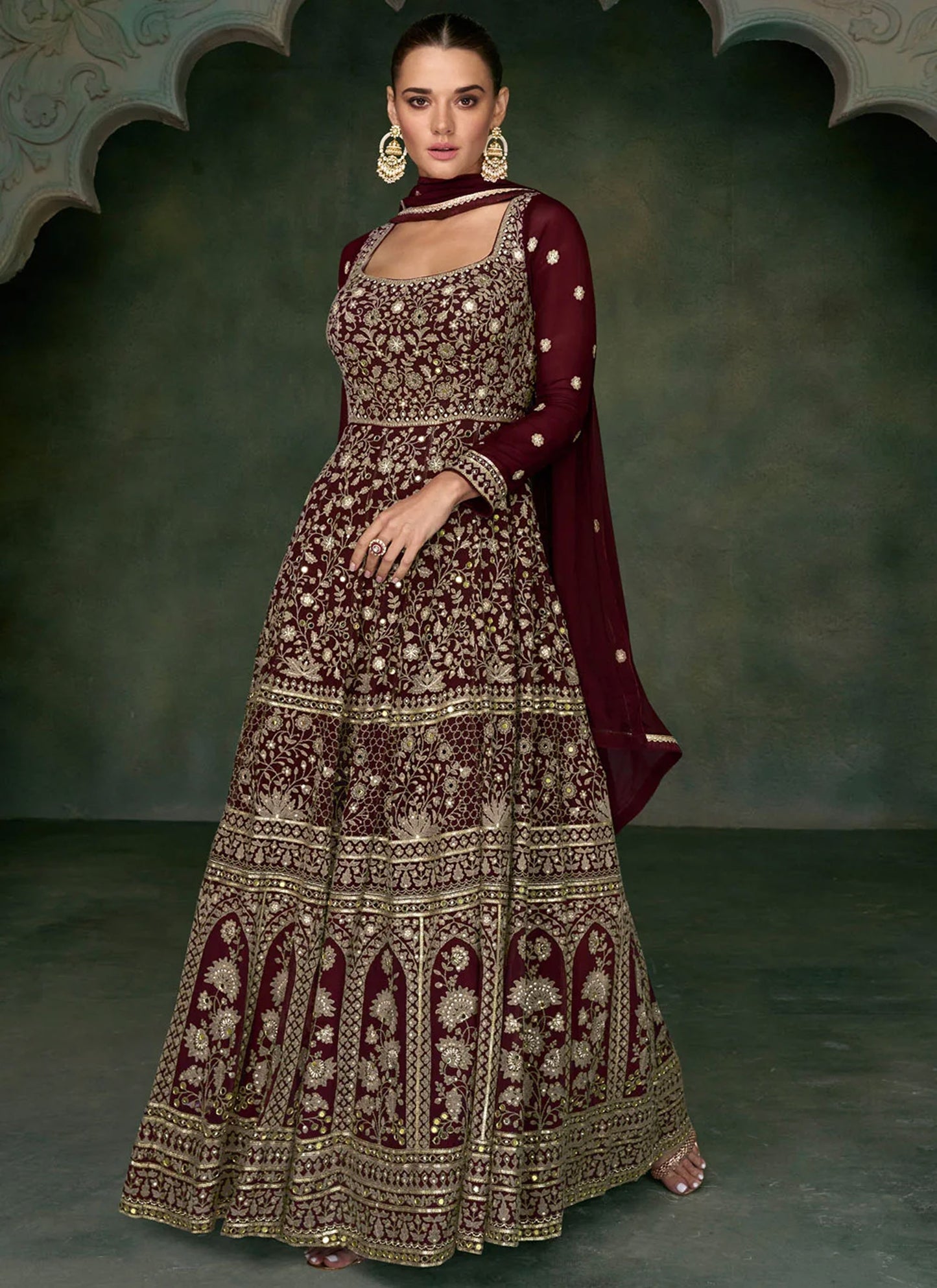 Maroon Mirror work Georgette Surya Anarkali