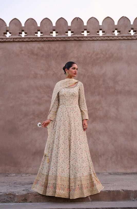 Cream Resham Embroidered Georgette Surya Anarkali