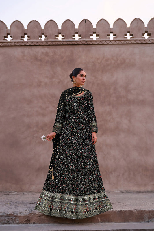 Black Resham Embroidered Georgette Surya Anarkali