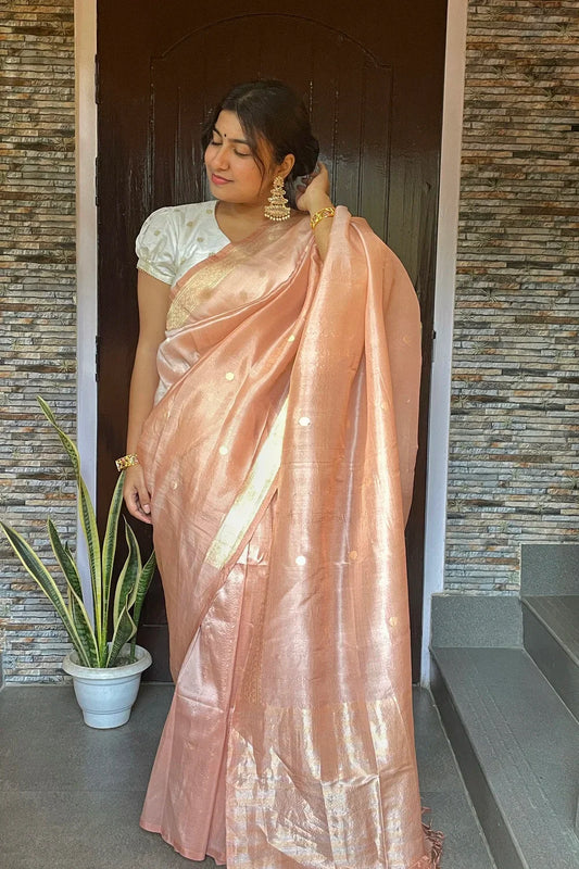 Handloom Pastel Peach Pure Silk Banarsi Saree