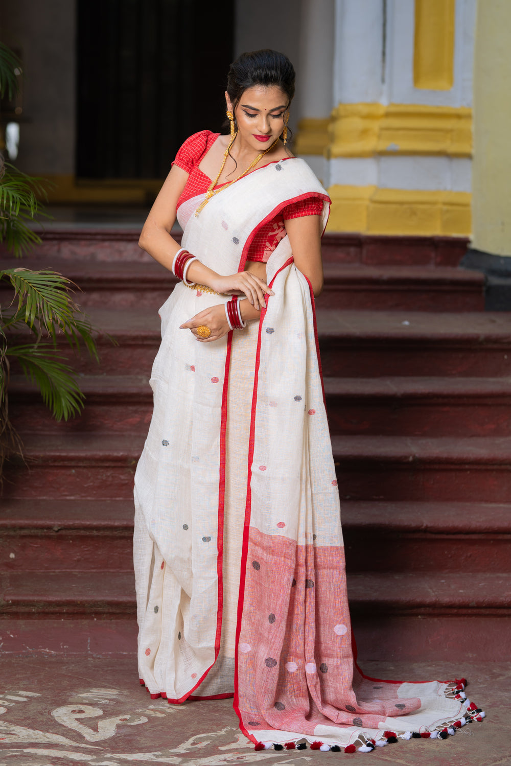 Handloom White  Pure Linen Jamdani Saree with Red Polka dots