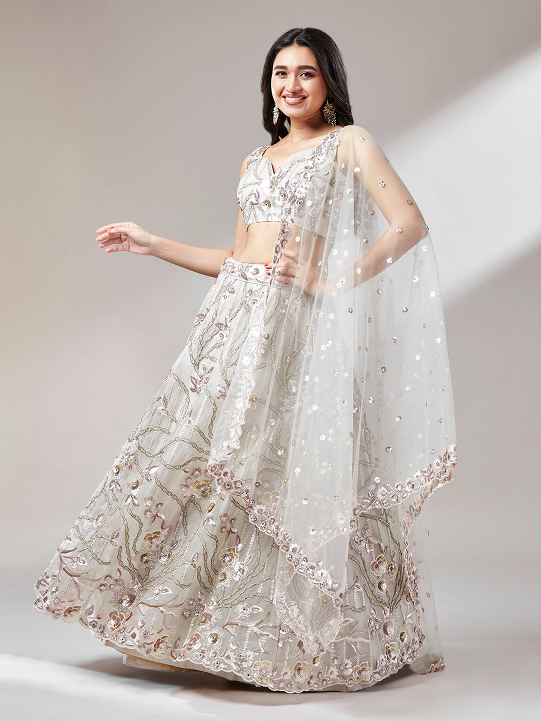 Grey Net Heavy Sequins Embroidery Semi-Stitched Lehenga choli