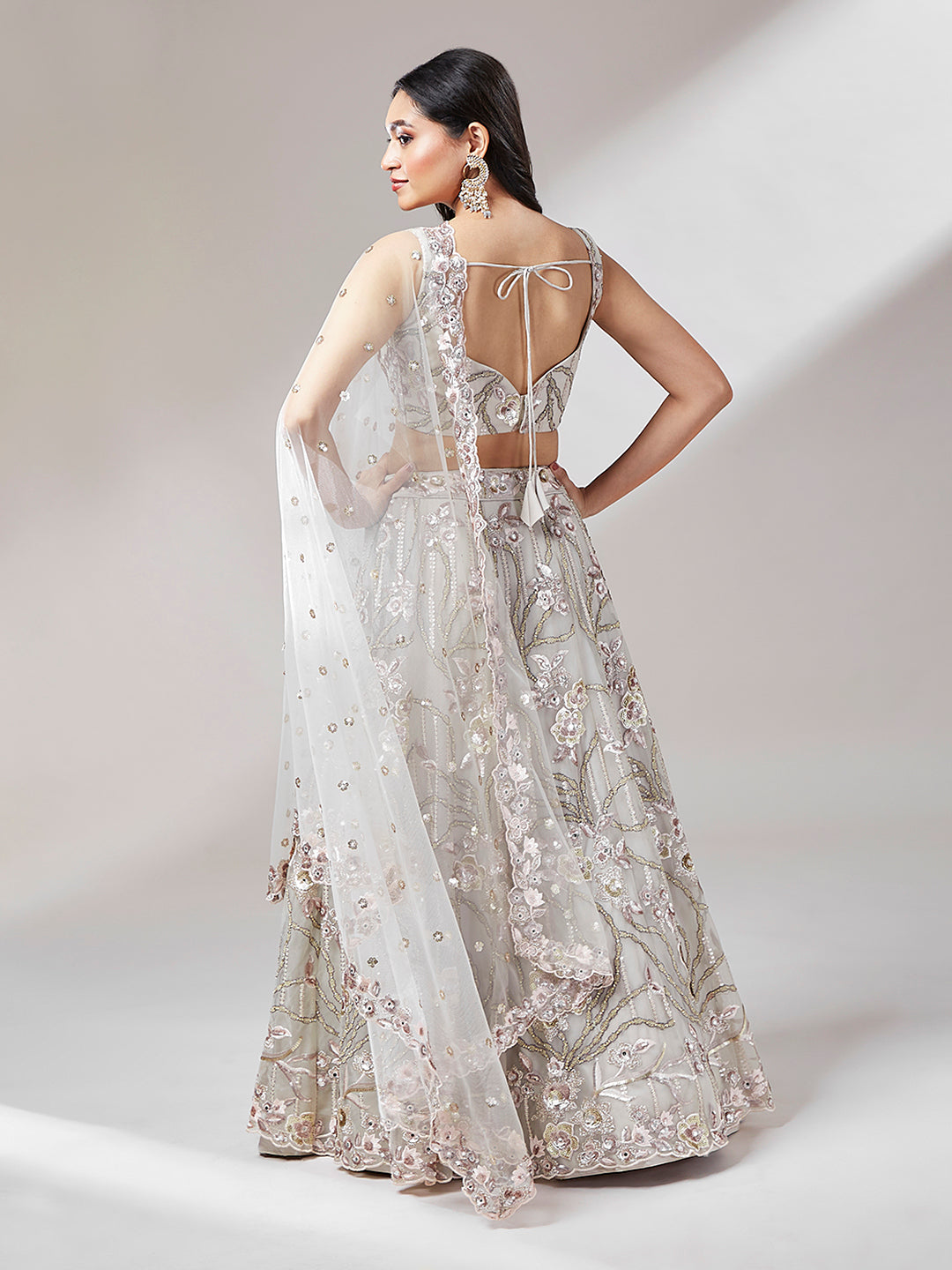 Grey Net Heavy Sequins Embroidery Semi-Stitched Lehenga choli