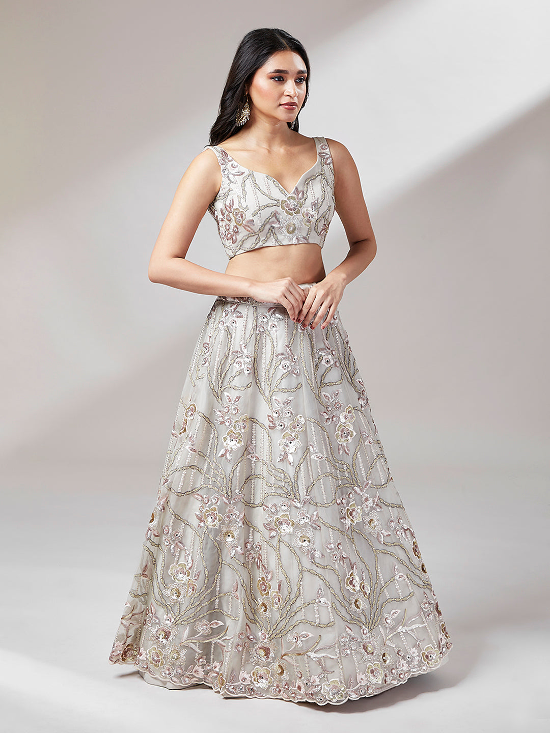 Grey Net Heavy Sequins Embroidery Semi-Stitched Lehenga choli