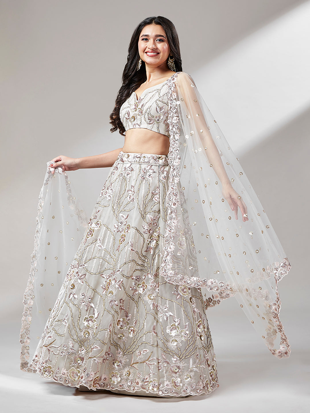 Grey Net Heavy Sequins Embroidery Semi-Stitched Lehenga choli