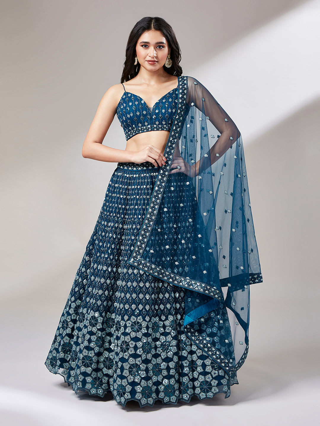 Navy Blue Net Heavy Sequins embroidery Semi-Stitched Lehenga