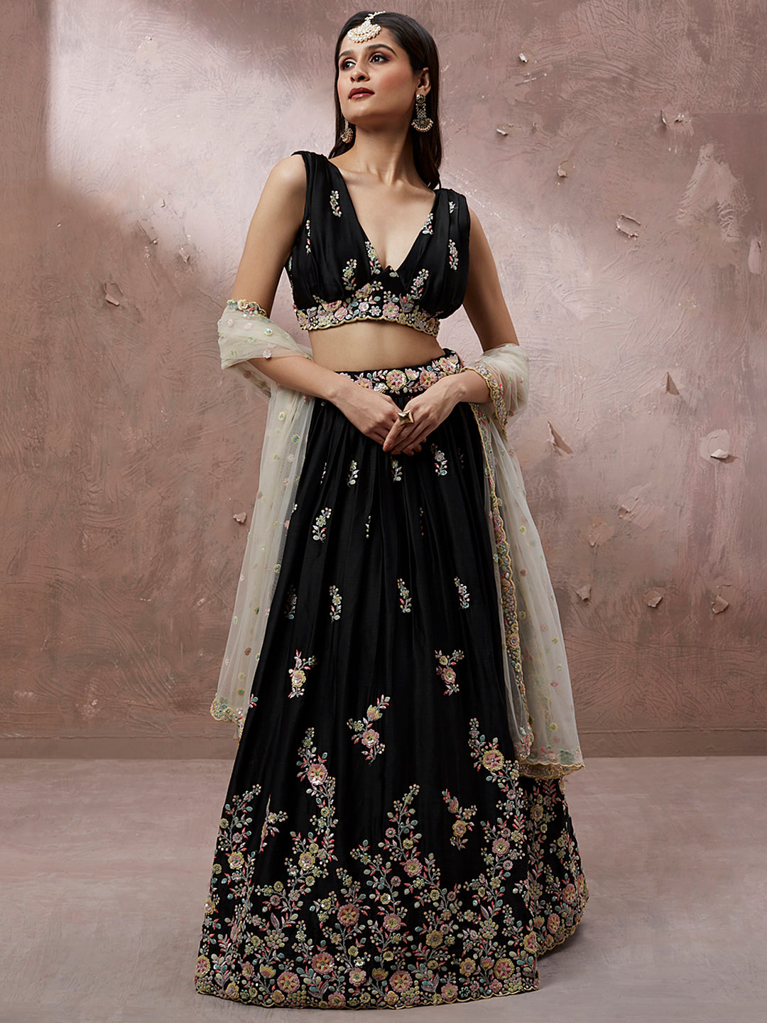 Black Georgette Sequins with Zarkan embroidery Semi-Stitched Lehenga