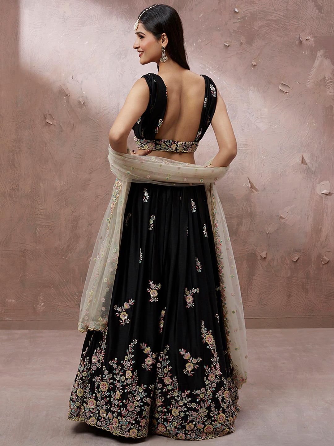 Black Georgette Sequins with Zarkan embroidery Semi-Stitched Lehenga