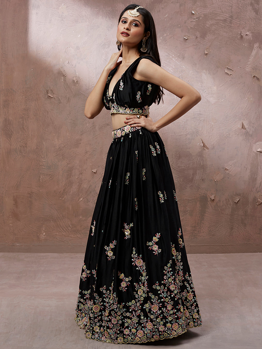 Black Georgette Sequins with Zarkan embroidery Semi-Stitched Lehenga