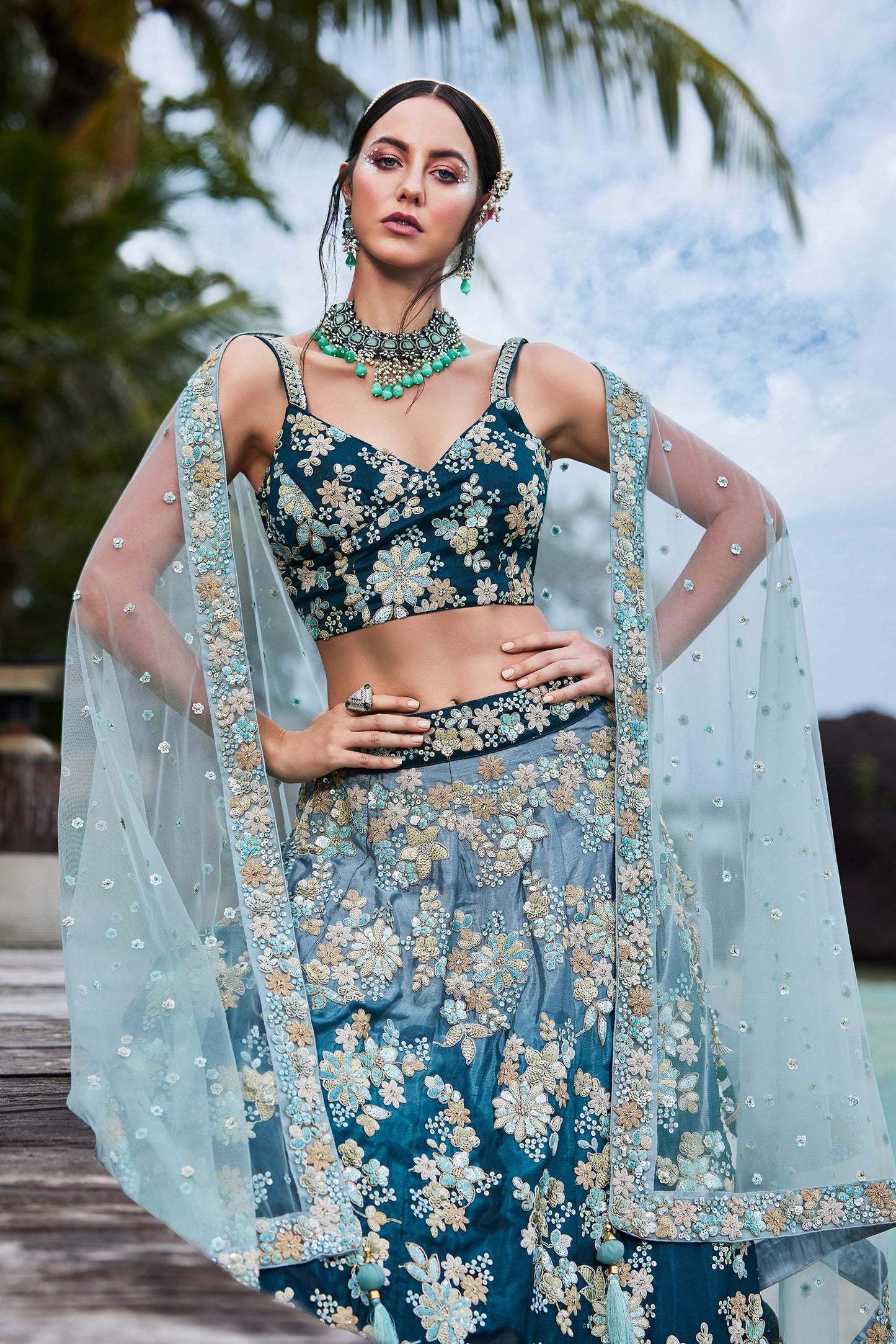 Teal Georgette Sequins & Zarkan embroidery Lehenga