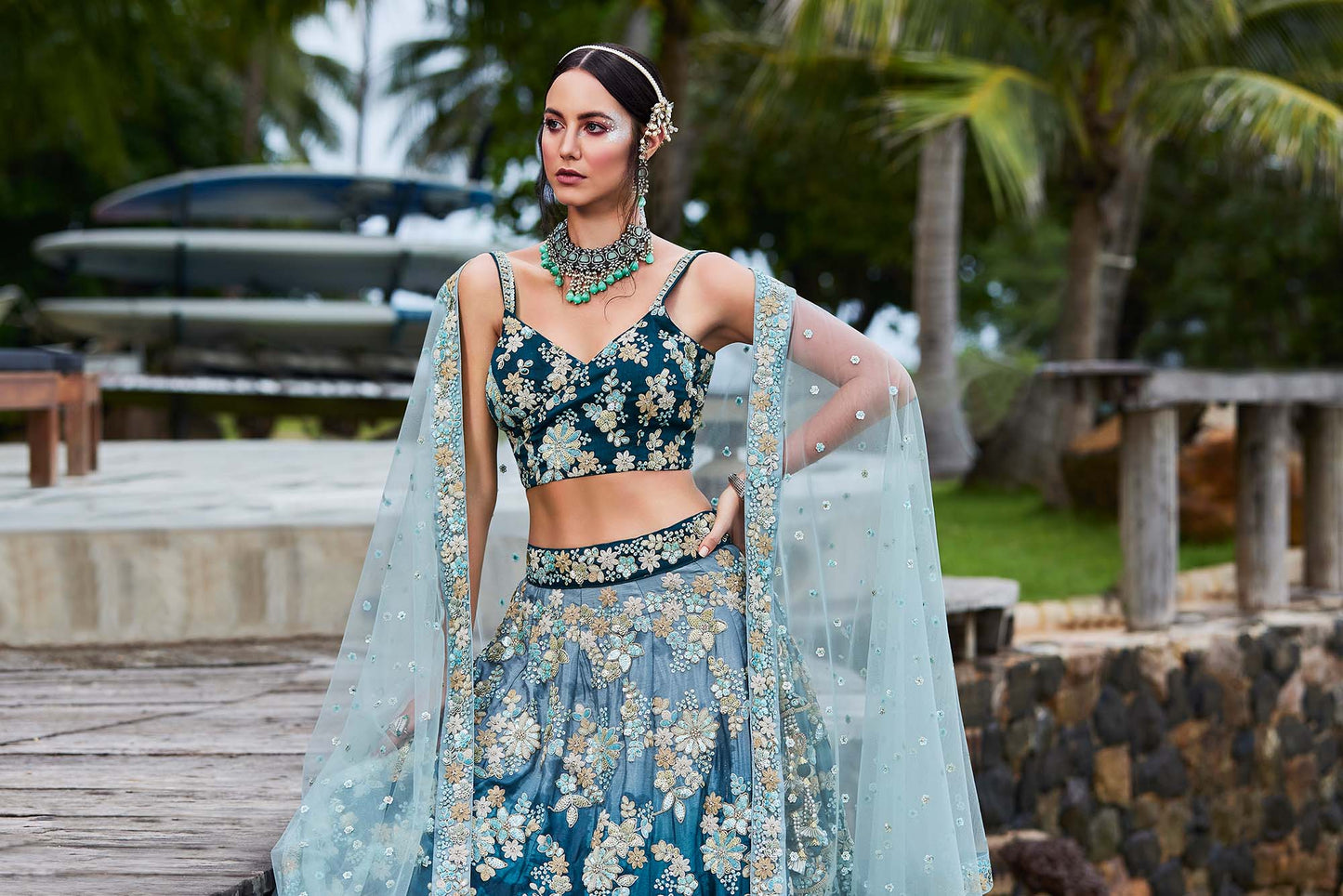 Teal Georgette Sequins & Zarkan embroidery Lehenga