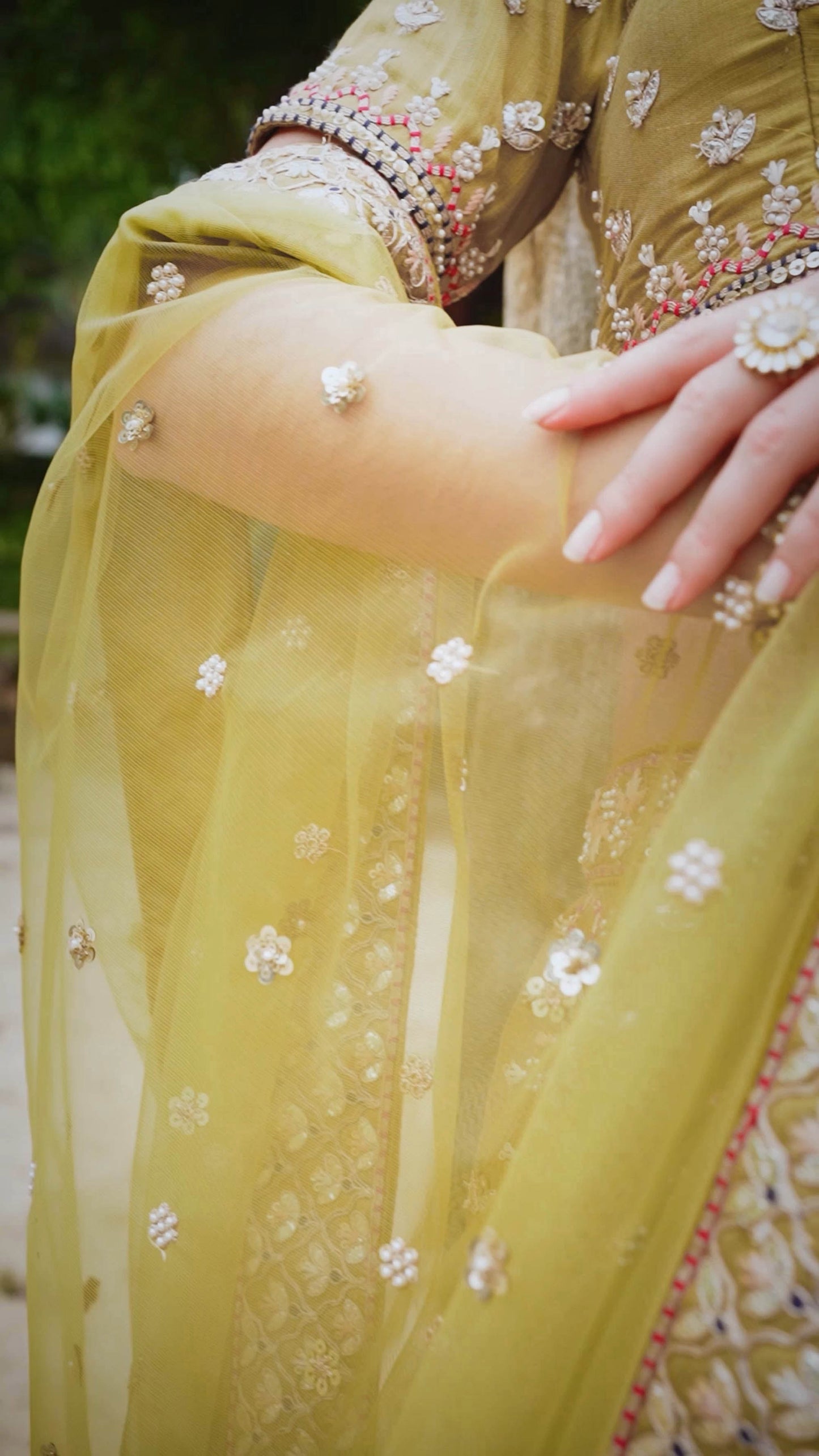 Mustard Bridal Net Sequins, Moti, Mirror and thread embroidery Lehenga
