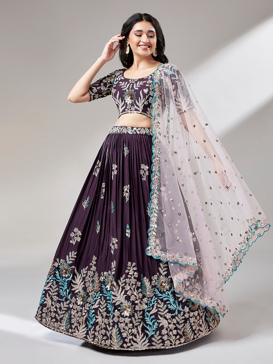 WINE PURPLE LEHENGA SET WITH SILVER AND PEARL PATTERNED EMBROIDERY PAIRED  WITH A CONTRAST ICE … | Party wear indian dresses, Indian designer outfits,  Indian dresses