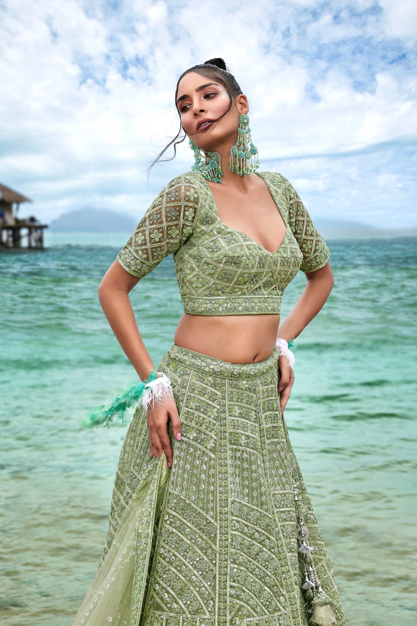 Lime Green Net Sequins, Zarkan and thread embroidery Lehenga