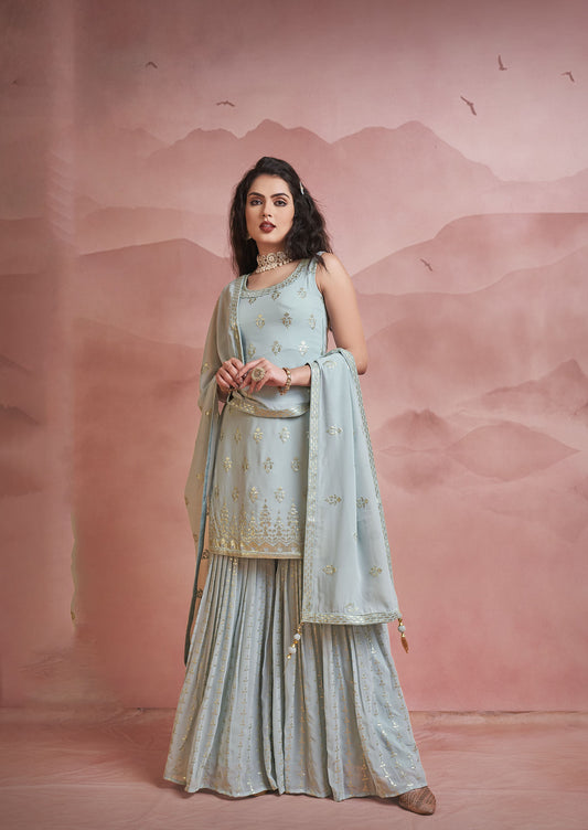 Grey Thread Embroidery Georgette Sharara for Wedding Guest