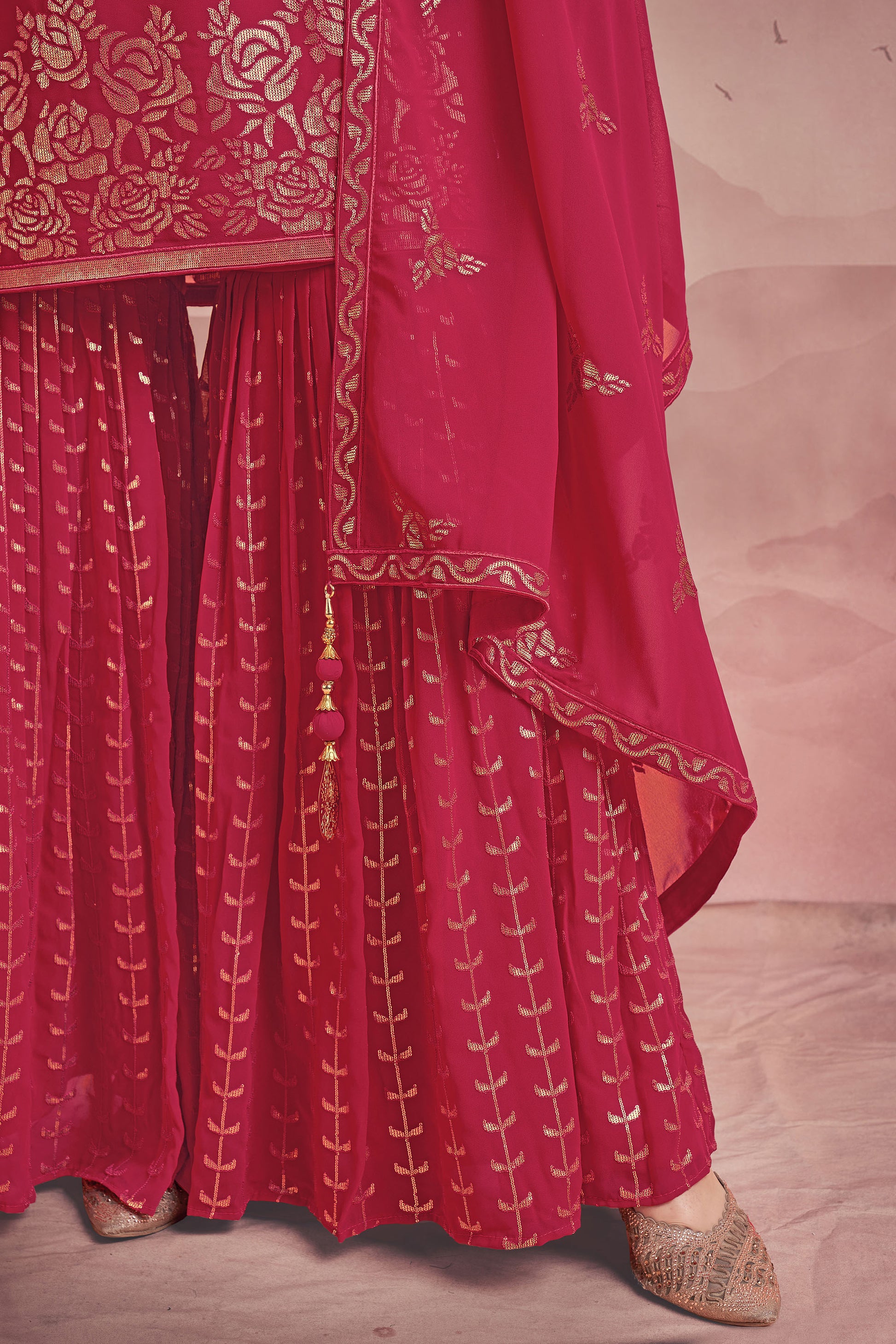 Dark Pink Thread Embroidery Georgette Sharara for Wedding Guest