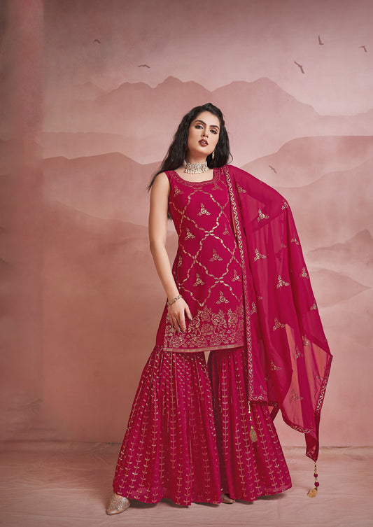 Dark Pink Thread Embroidery Georgette Sharara for Wedding Guest