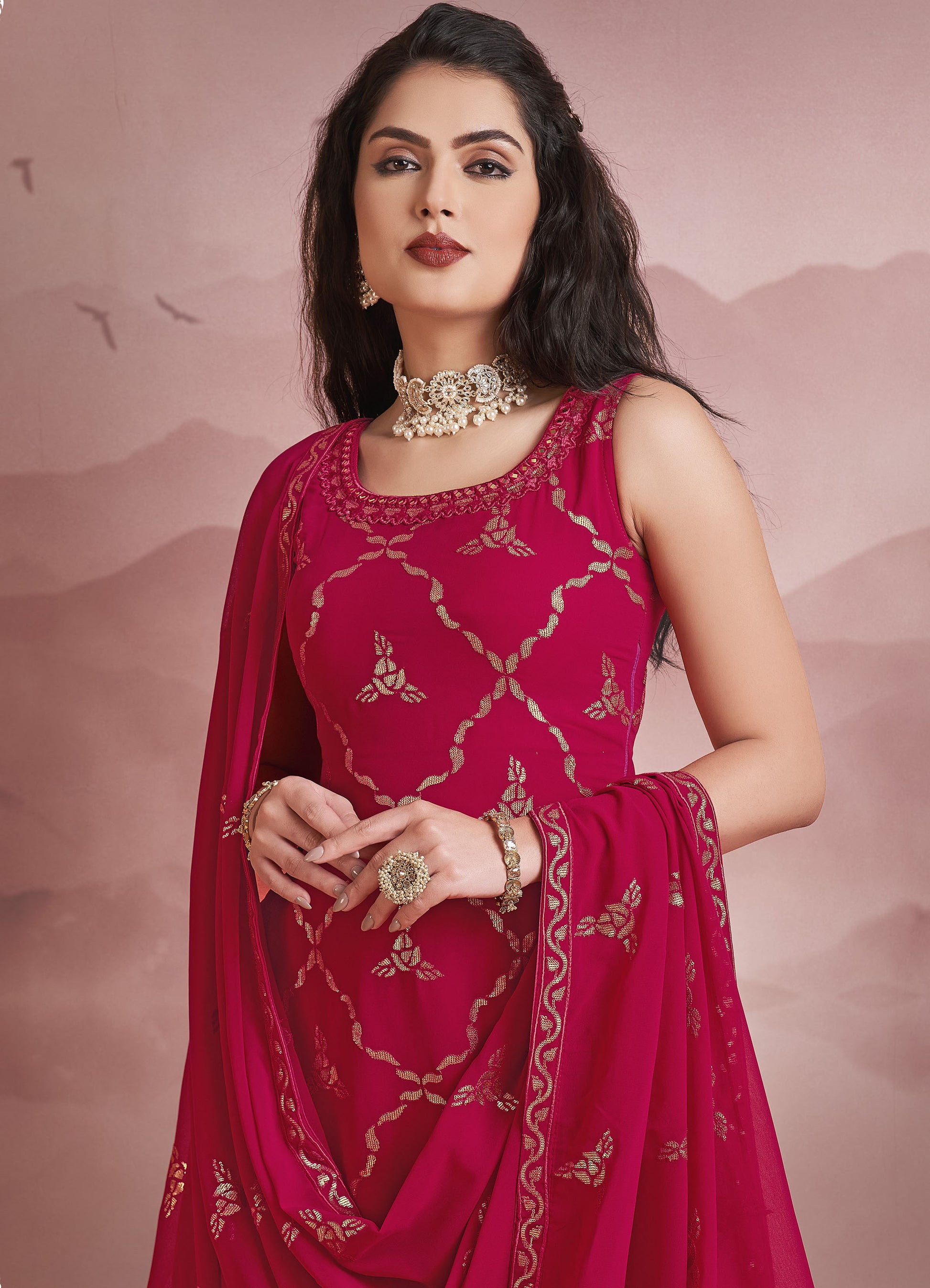 Dark Pink Thread Embroidery Georgette Sharara for Wedding Guest