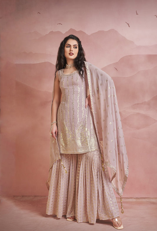 Peach Thread Embroidery Georgette Sharara for Wedding Guest