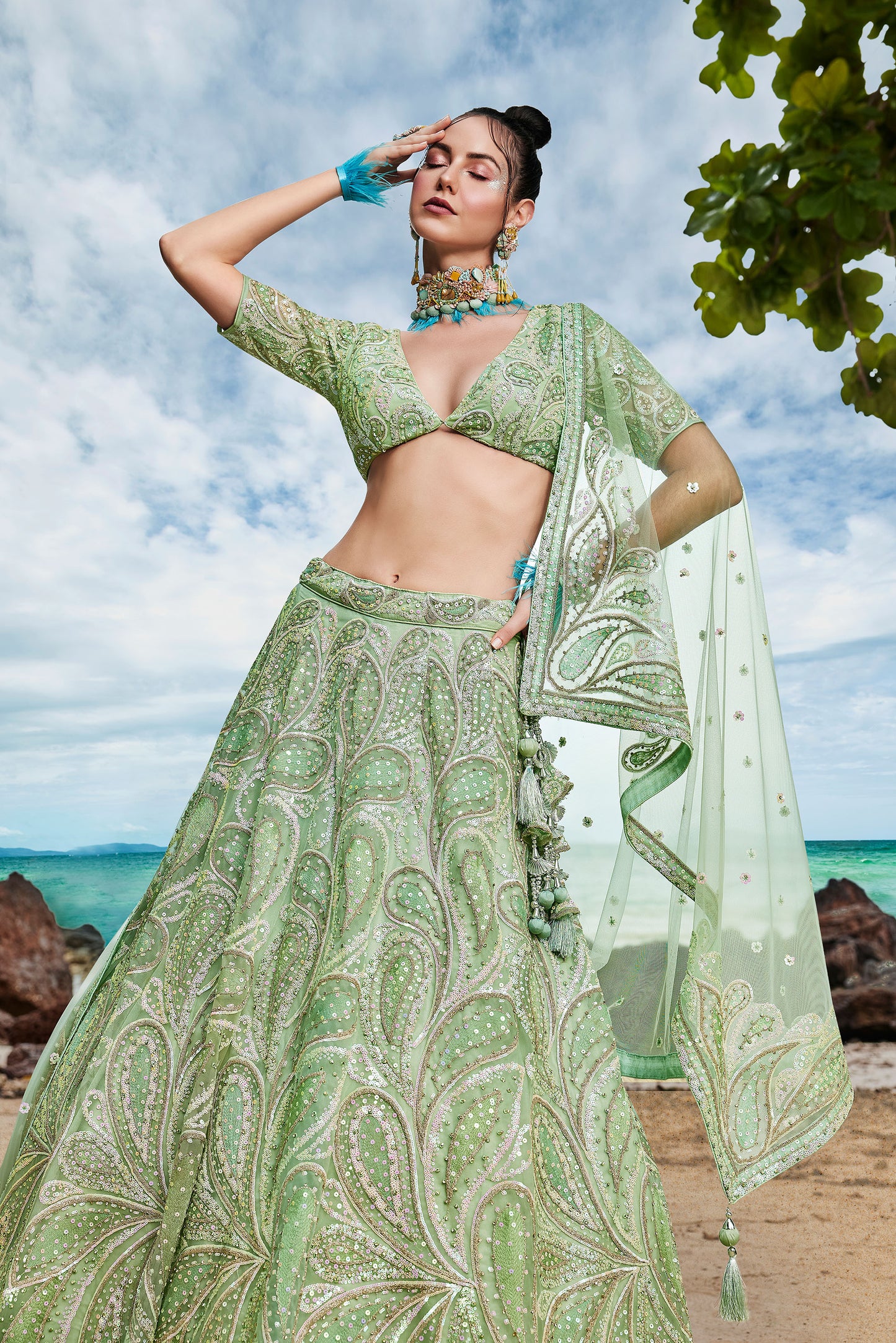 Lime Green Multi Zarkan embroidery Semi-Stitched Net Lehenga