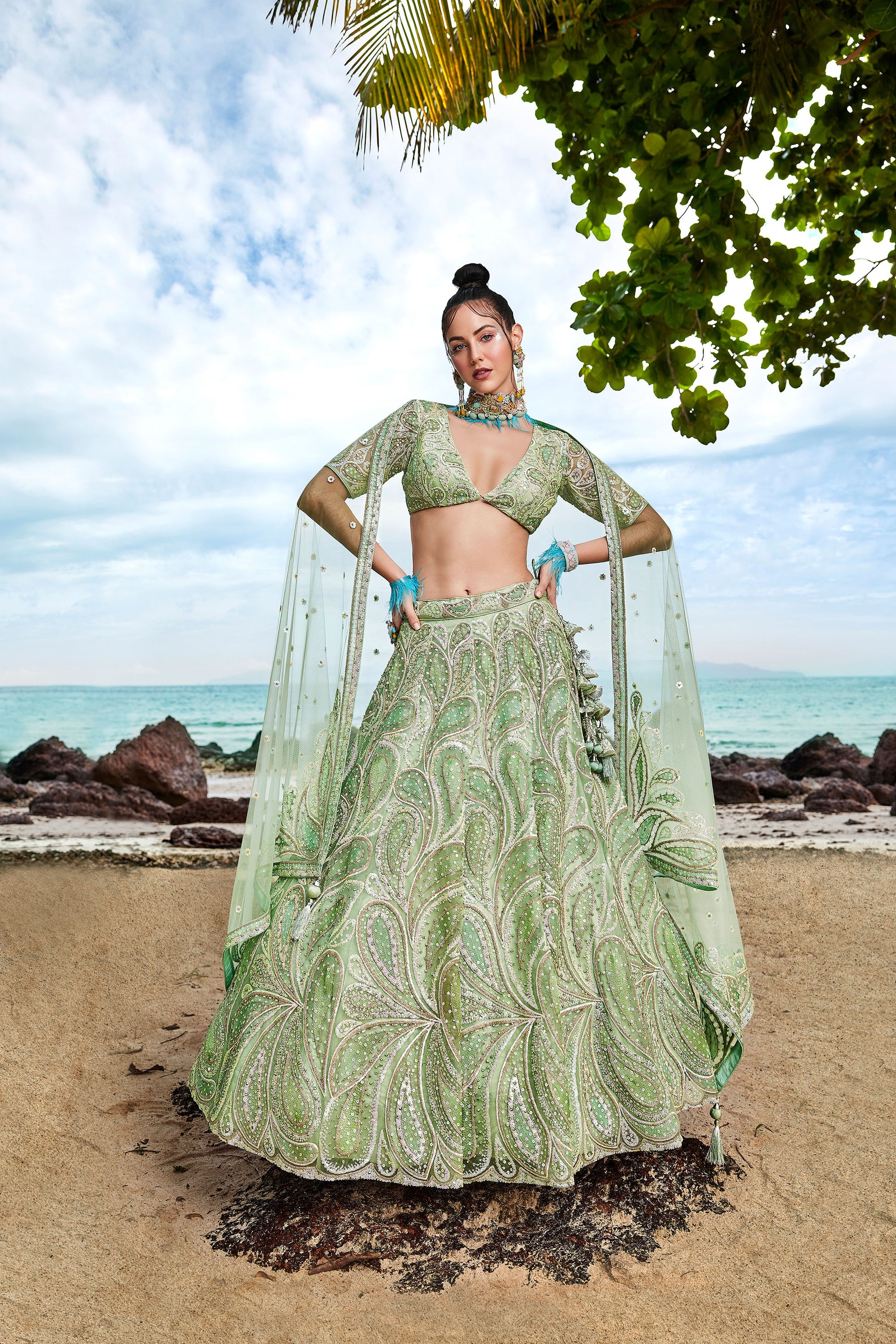 Lime Green Multi Zarkan embroidery Semi-Stitched Net Lehenga